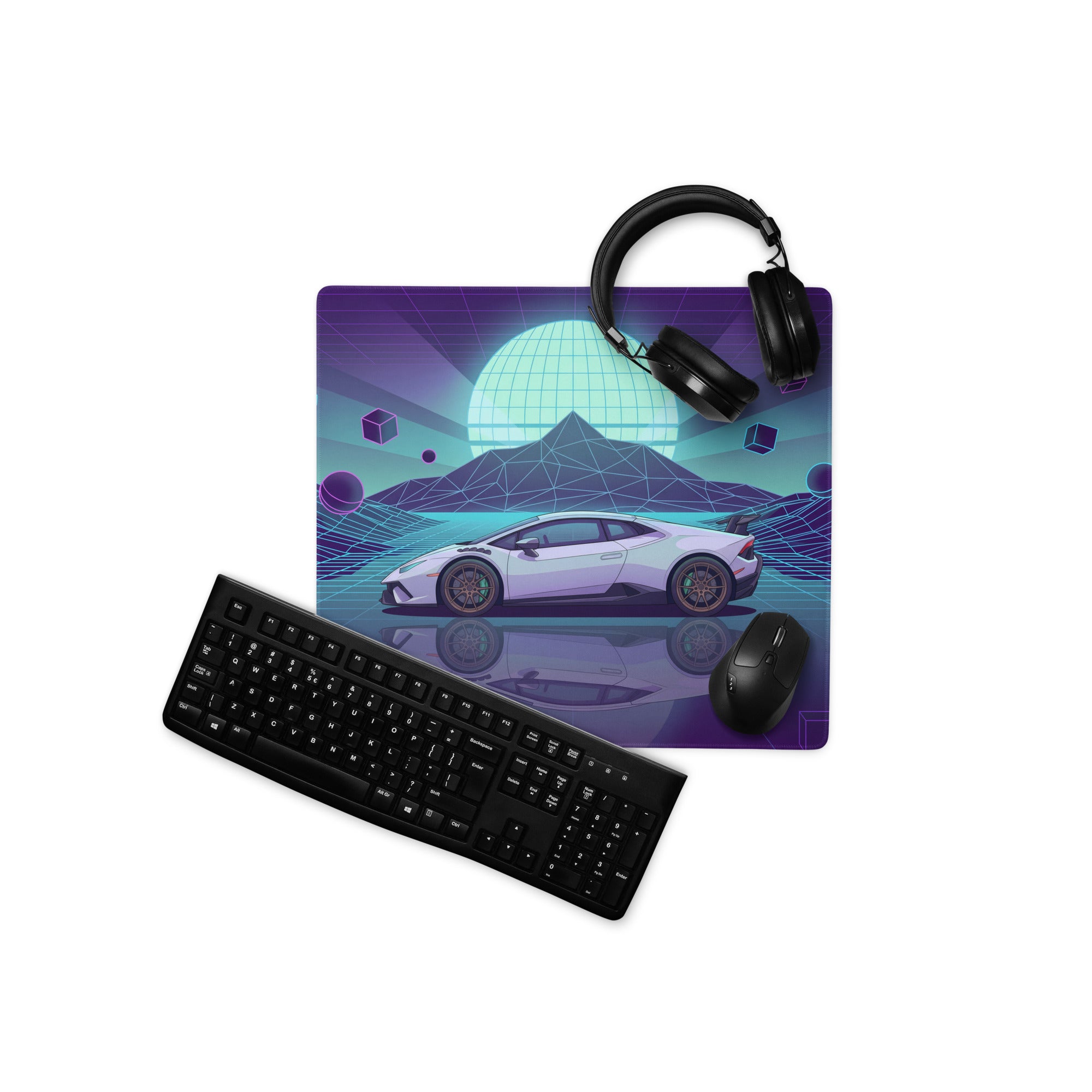 Lamborghini Huracán STO Inspired White Purple Vaporwave Gaming Mouse Pad – Neon Cyan Grid Desk Mat, Retro Futuristic Supercar Digital Art