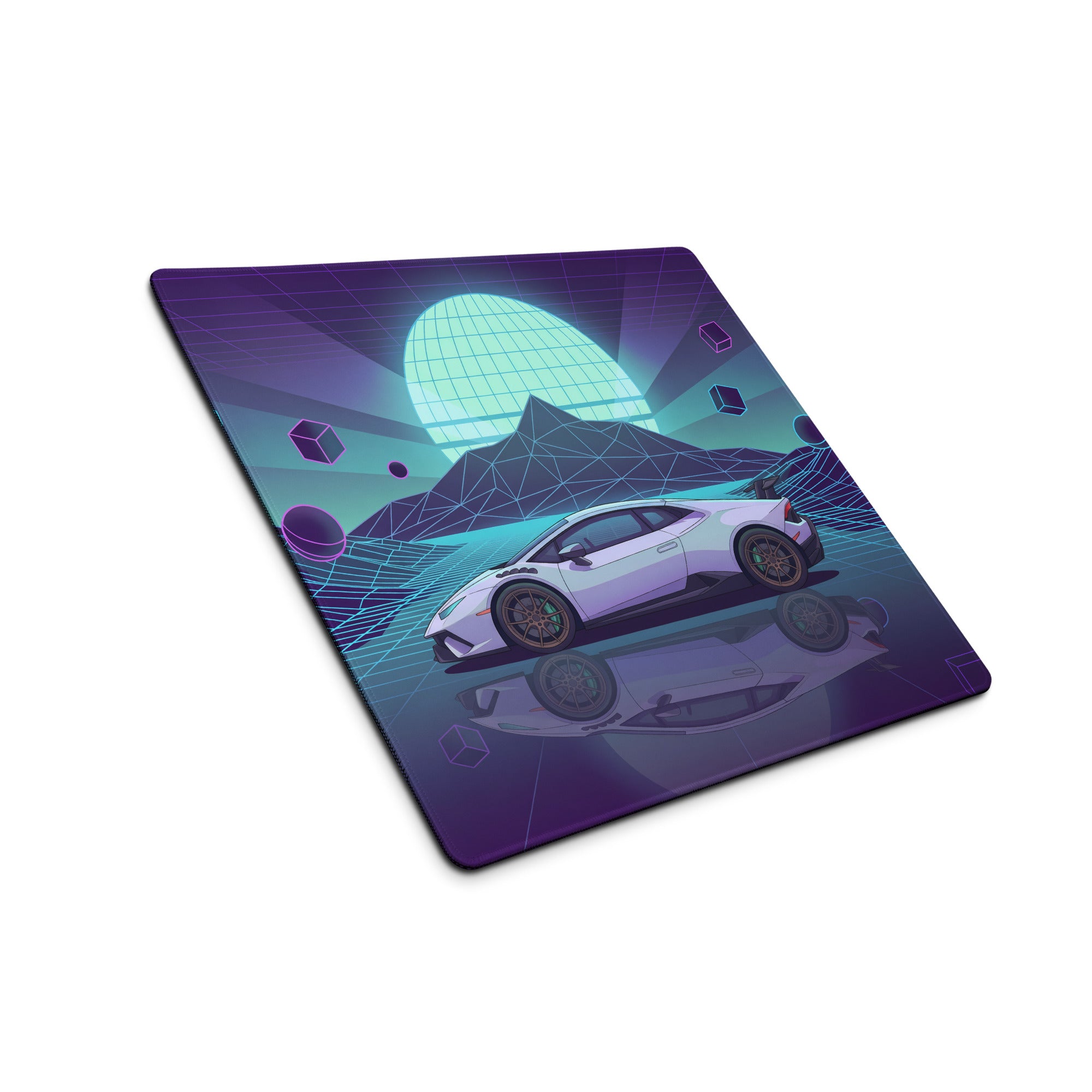 Lamborghini Huracán STO Inspired White Purple Vaporwave Gaming Mouse Pad – Neon Cyan Grid Desk Mat, Retro Futuristic Supercar Digital Art