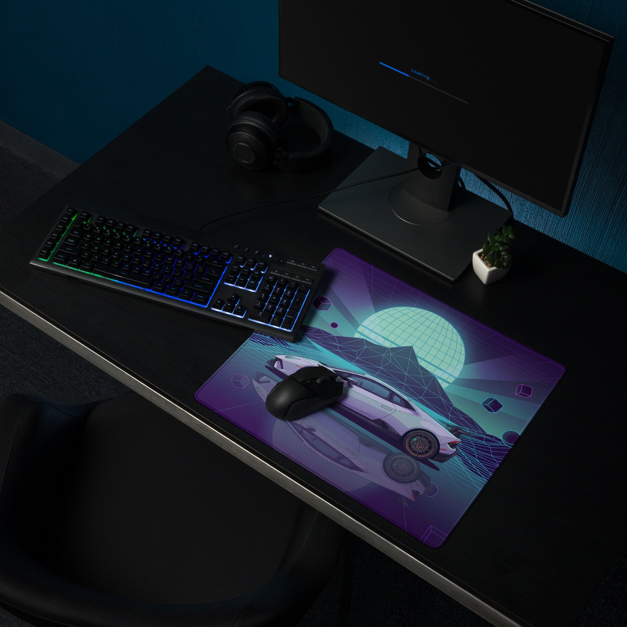 Lamborghini Huracán STO Inspired White Purple Vaporwave Gaming Mouse Pad – Neon Cyan Grid Desk Mat, Retro Futuristic Supercar Digital Art