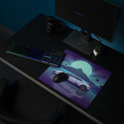 Lamborghini Huracán STO Inspired White Purple Vaporwave Gaming Mouse Pad – Neon Cyan Grid Desk Mat, Retro Futuristic Supercar Digital Art