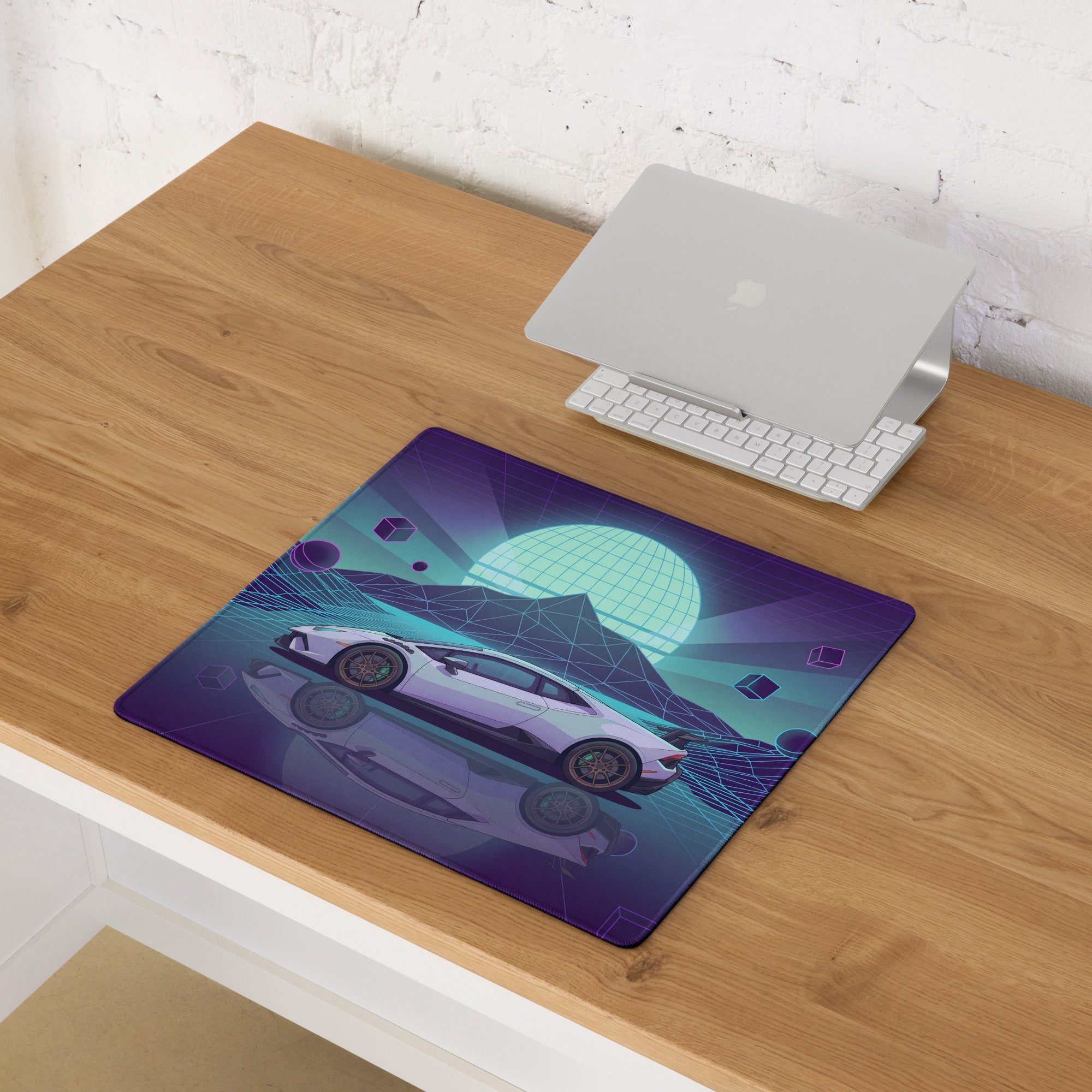 Lamborghini Huracán STO Inspired White Purple Vaporwave Gaming Mouse Pad – Neon Cyan Grid Desk Mat, Retro Futuristic Supercar Digital Art
