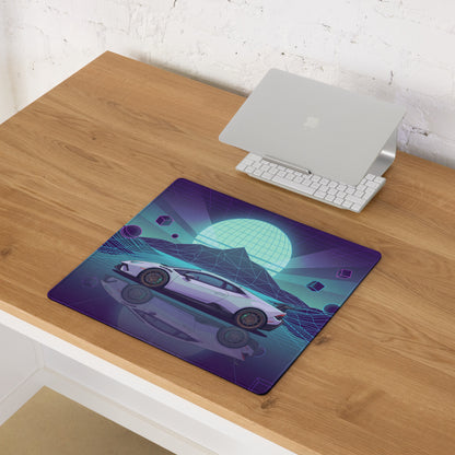 Lamborghini Huracán STO Inspired White Purple Vaporwave Gaming Mouse Pad – Neon Cyan Grid Desk Mat, Retro Futuristic Supercar Digital Art