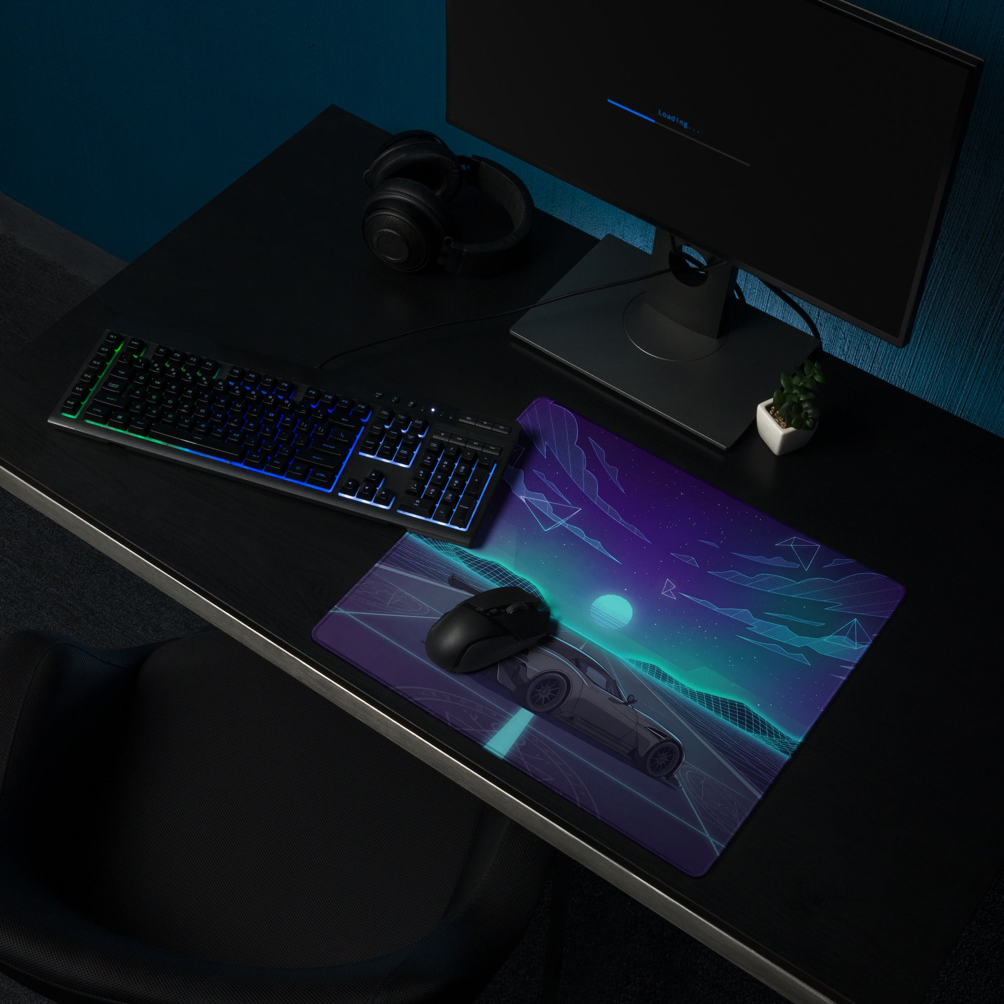 Aston Martin Vulcan Inspired Gunmetal Purple Vaporwave Gaming Mouse Pad – Neon Cosmic Highway Desk Mat, Retro Futuristic Hypercar Digital Art