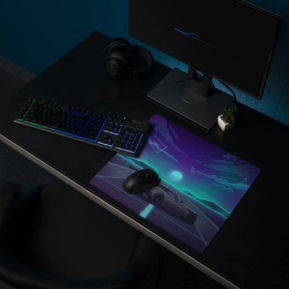 Aston Martin Vulcan Inspired Gunmetal Purple Vaporwave Gaming Mouse Pad – Neon Cosmic Highway Desk Mat, Retro Futuristic Hypercar Digital Art