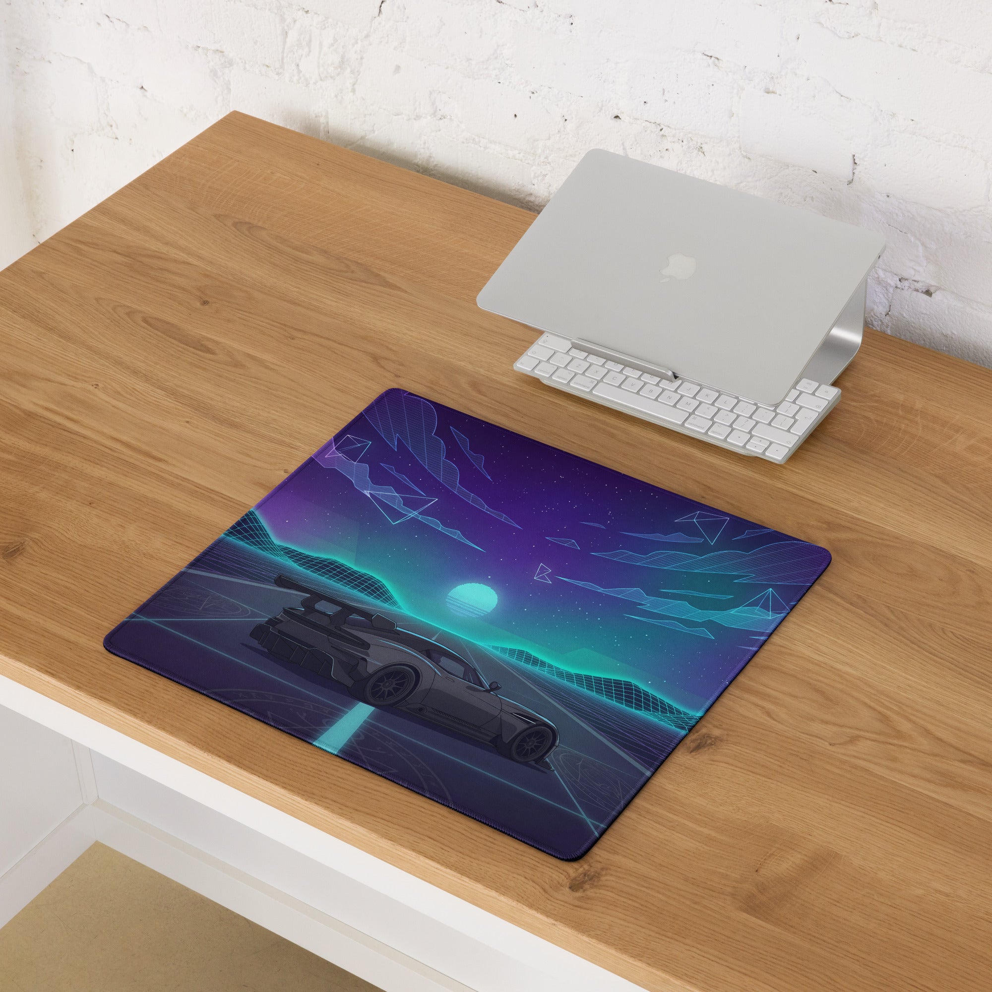 Aston Martin Vulcan Inspired Gunmetal Purple Vaporwave Gaming Mouse Pad – Neon Cosmic Highway Desk Mat, Retro Futuristic Hypercar Digital Art