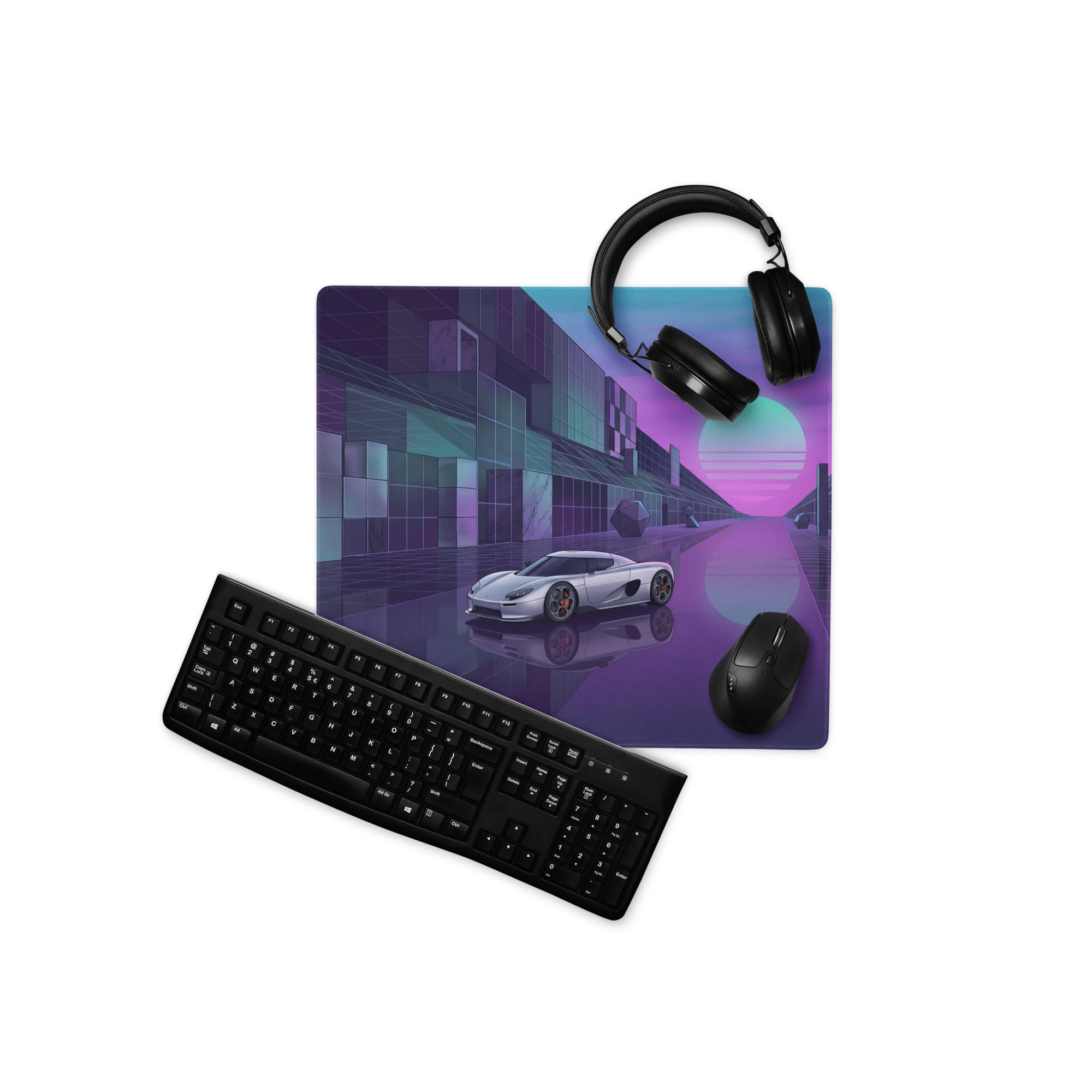 Koenigsegg CCX Inspired Silver Purple Vaporwave Gaming Mouse Pad – Neon Futuristic City Desk Mat, Dreamy Retro Supercar Digital Artwork