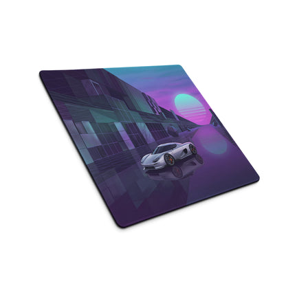 Koenigsegg CCX Inspired Silver Purple Vaporwave Gaming Mouse Pad – Neon Futuristic City Desk Mat, Dreamy Retro Supercar Digital Artwork