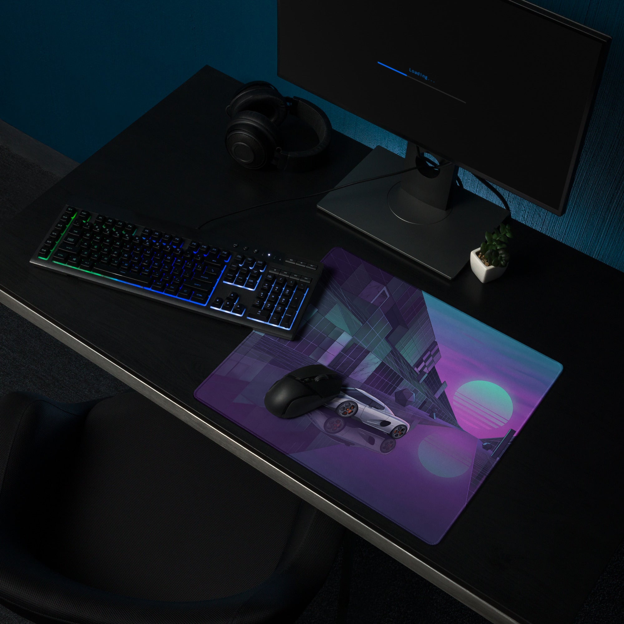 Koenigsegg CCX Inspired Silver Purple Vaporwave Gaming Mouse Pad – Neon Futuristic City Desk Mat, Dreamy Retro Supercar Digital Artwork
