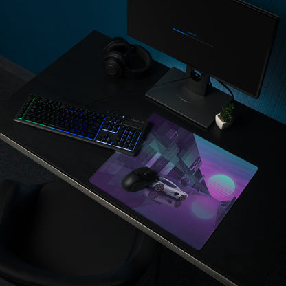 Koenigsegg CCX Inspired Silver Purple Vaporwave Gaming Mouse Pad – Neon Futuristic City Desk Mat, Dreamy Retro Supercar Digital Artwork
