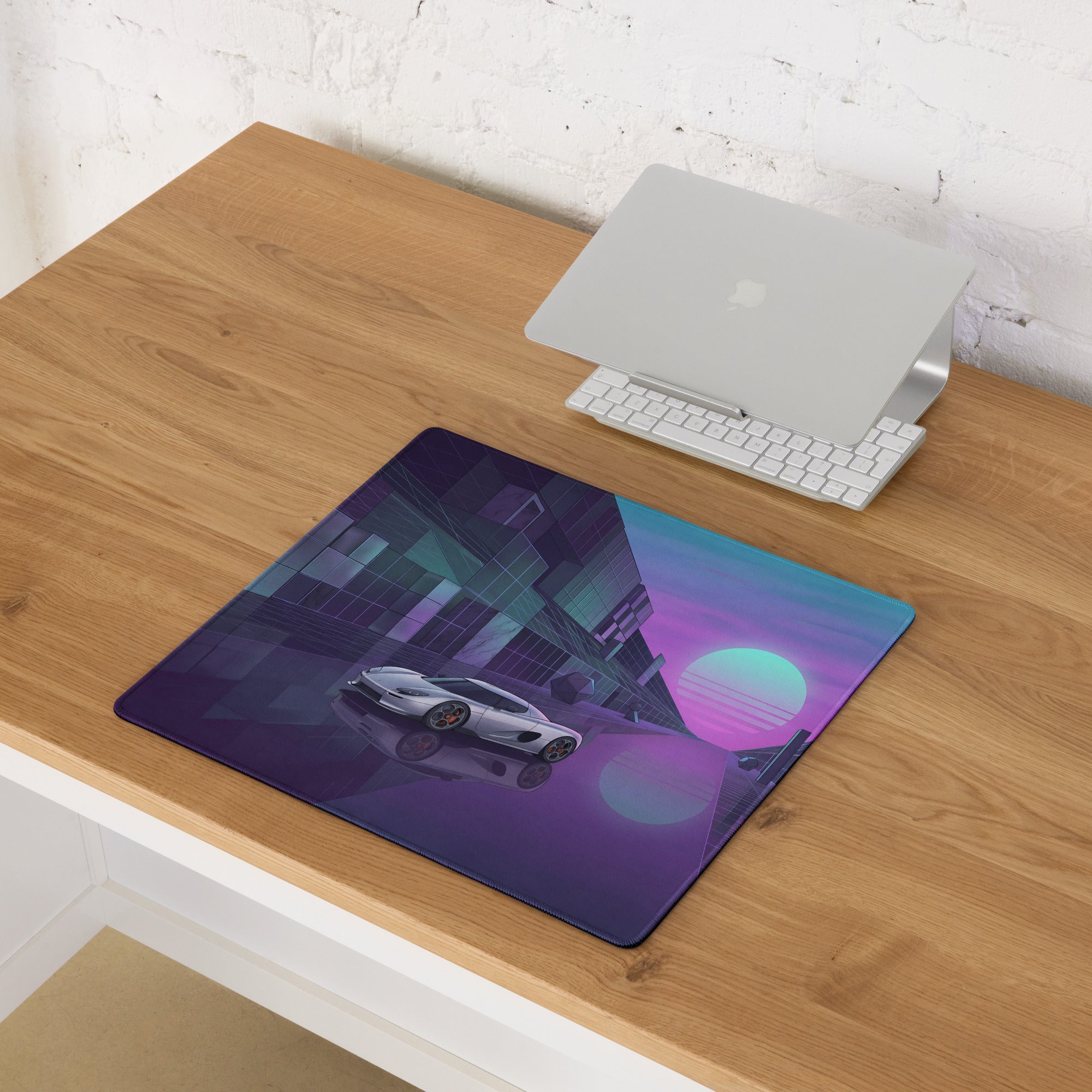 Koenigsegg CCX Inspired Silver Purple Vaporwave Gaming Mouse Pad – Neon Futuristic City Desk Mat, Dreamy Retro Supercar Digital Artwork