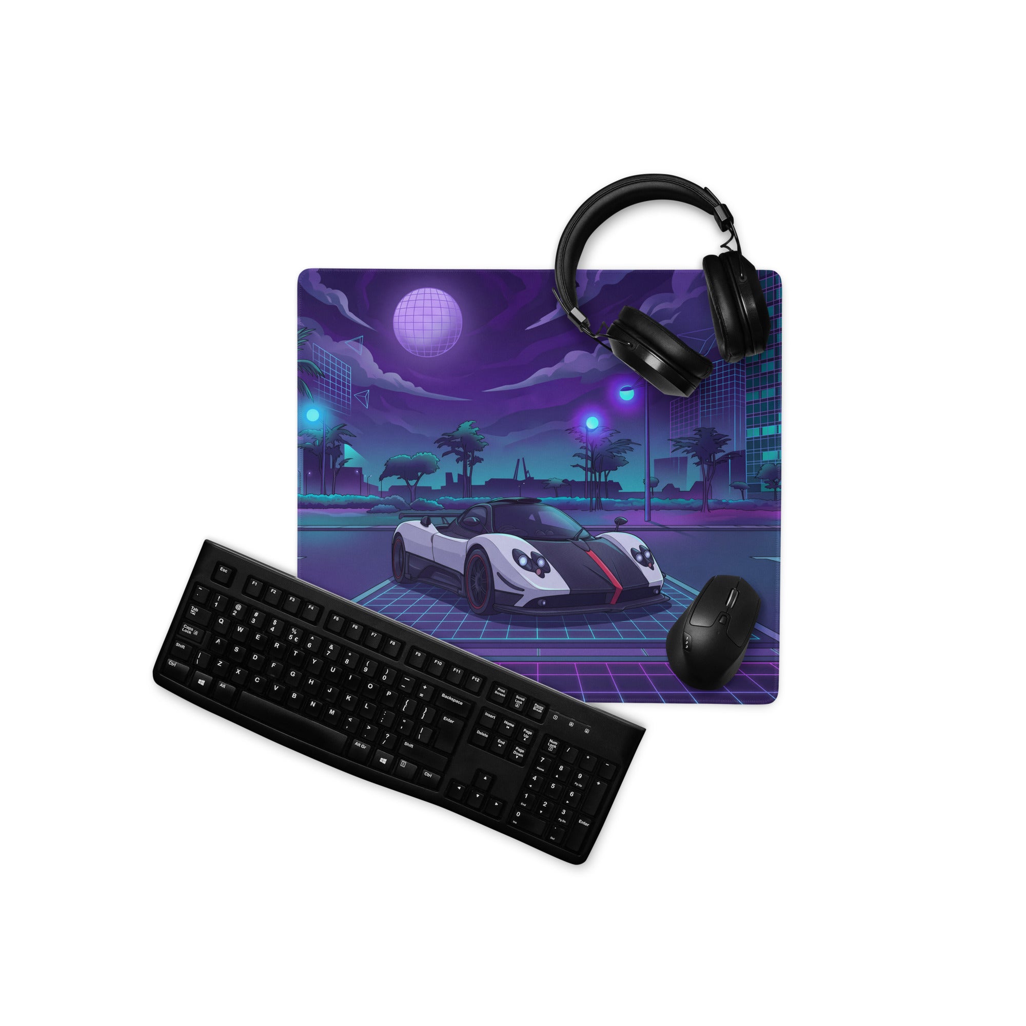 Pagani Zonda Cinque Inspired White Purple Vaporwave Gaming Mouse Pad – Neon Cyber City Desk Mat, Retro Futuristic Hypercar Digital Artwork