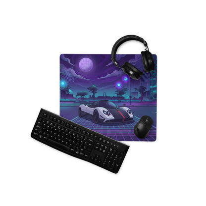 Pagani Zonda Cinque Inspired White Purple Vaporwave Gaming Mouse Pad – Neon Cyber City Desk Mat, Retro Futuristic Hypercar Digital Artwork