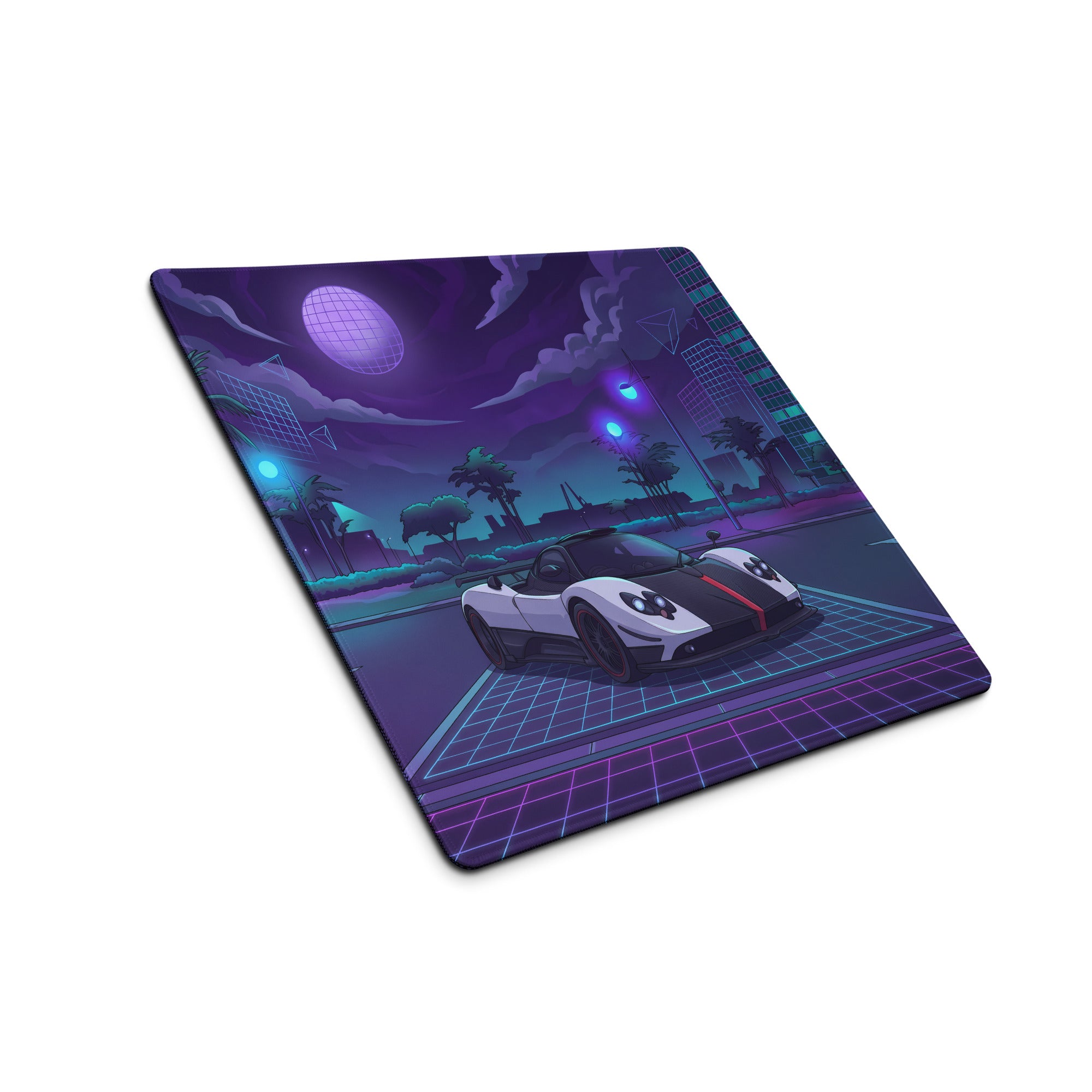 Pagani Zonda Cinque Inspired White Purple Vaporwave Gaming Mouse Pad – Neon Cyber City Desk Mat, Retro Futuristic Hypercar Digital Artwork