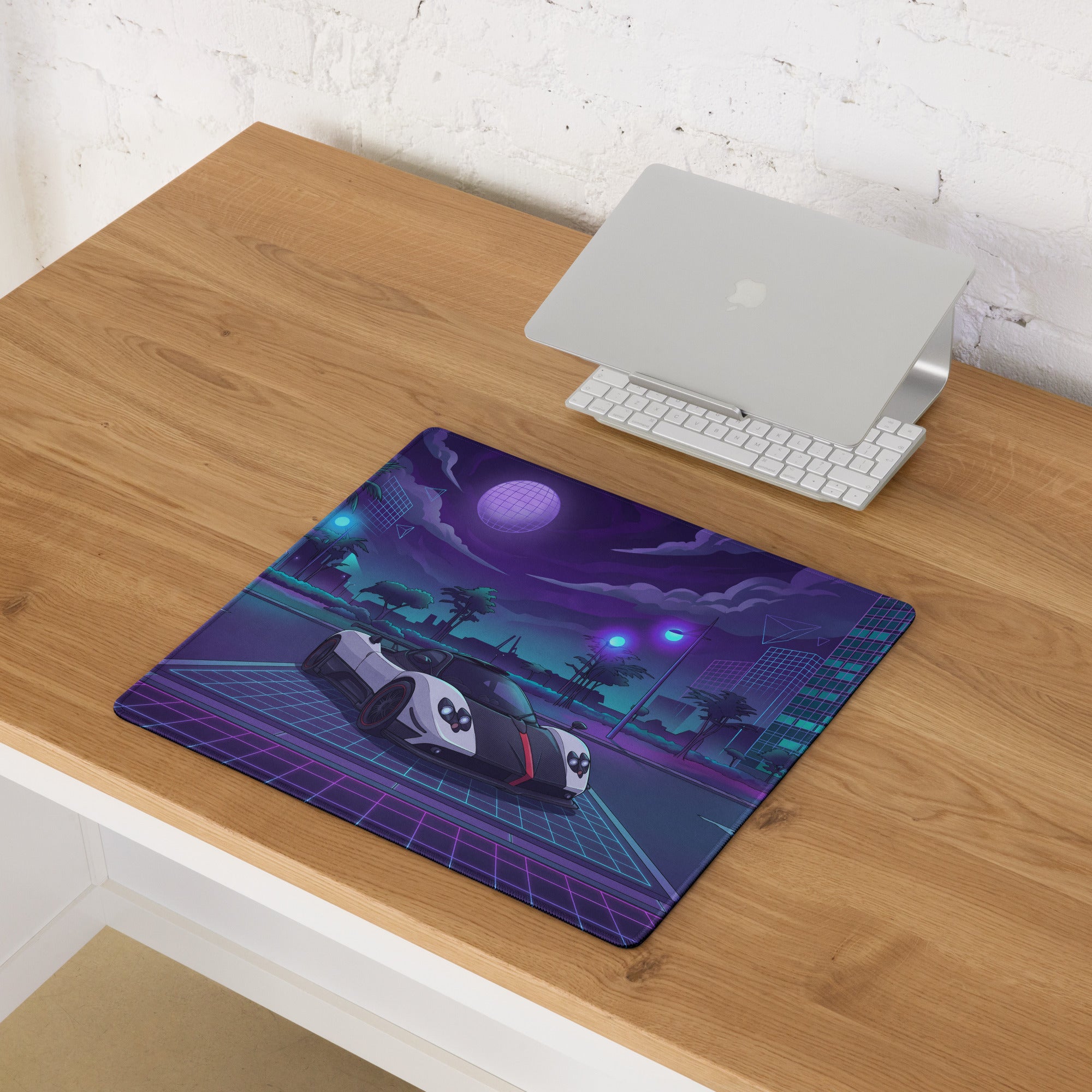Pagani Zonda Cinque Inspired White Purple Vaporwave Gaming Mouse Pad – Neon Cyber City Desk Mat, Retro Futuristic Hypercar Digital Artwork