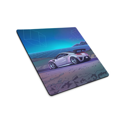 Acura NSX Inspired White Blue Vaporwave Gaming Mouse Pad – Neon Mountain Grid Desk Mat, Futuristic Widebody JDM Sports Car Digital Art