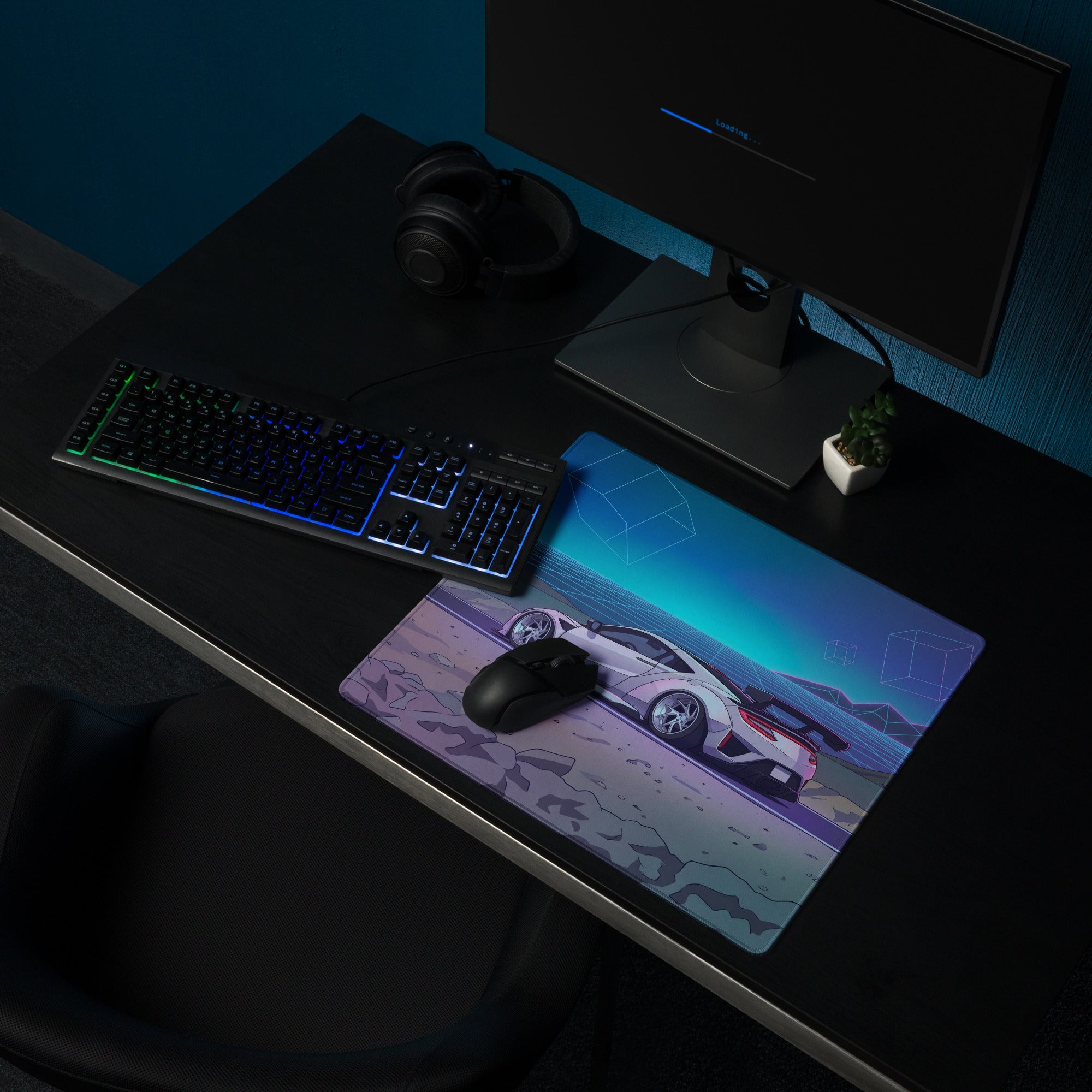 Acura NSX Inspired White Blue Vaporwave Gaming Mouse Pad – Neon Mountain Grid Desk Mat, Futuristic Widebody JDM Sports Car Digital Art