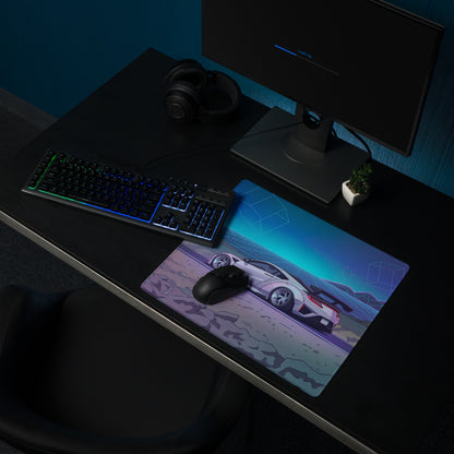 Acura NSX Inspired White Blue Vaporwave Gaming Mouse Pad – Neon Mountain Grid Desk Mat, Futuristic Widebody JDM Sports Car Digital Art
