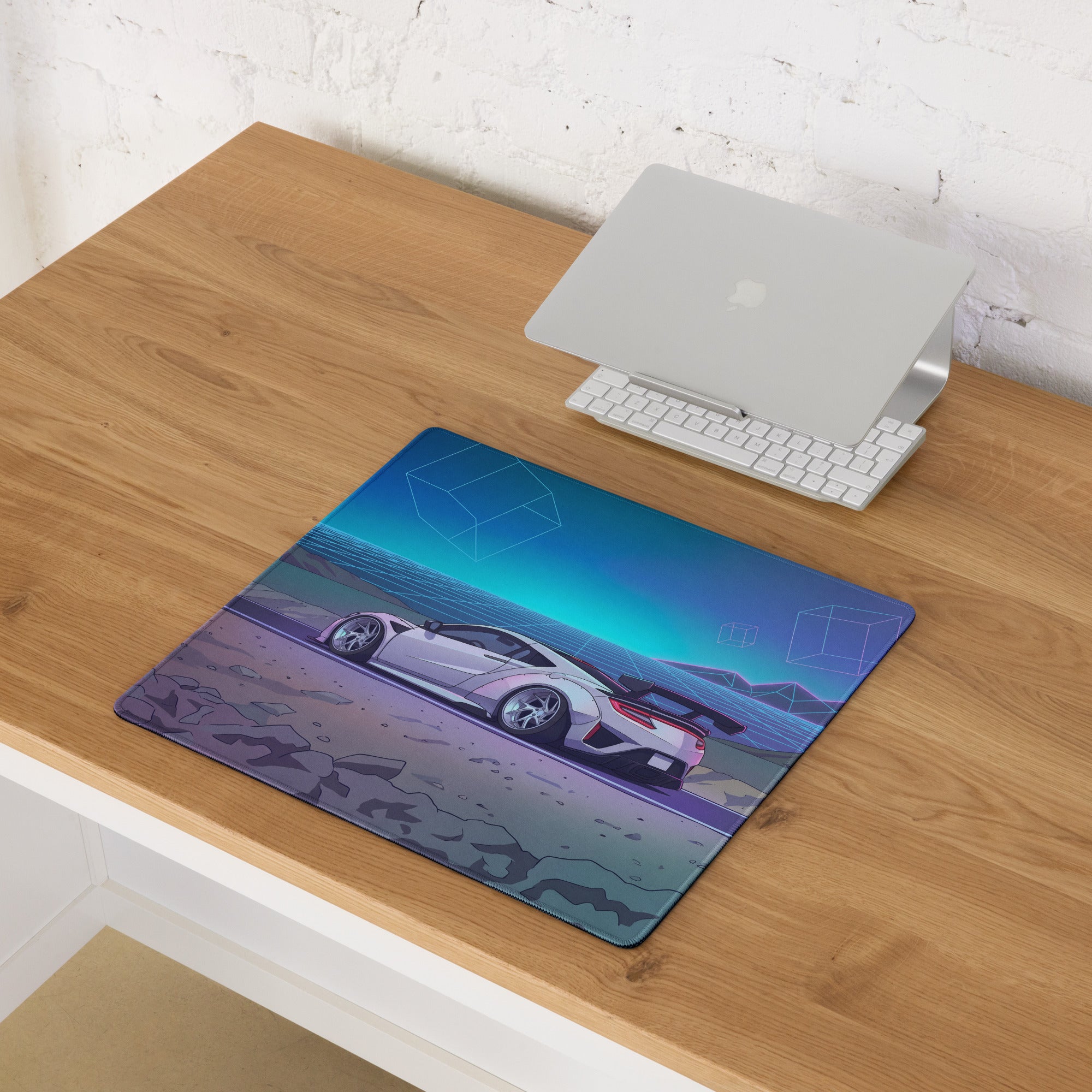 Acura NSX Inspired White Blue Vaporwave Gaming Mouse Pad – Neon Mountain Grid Desk Mat, Futuristic Widebody JDM Sports Car Digital Art