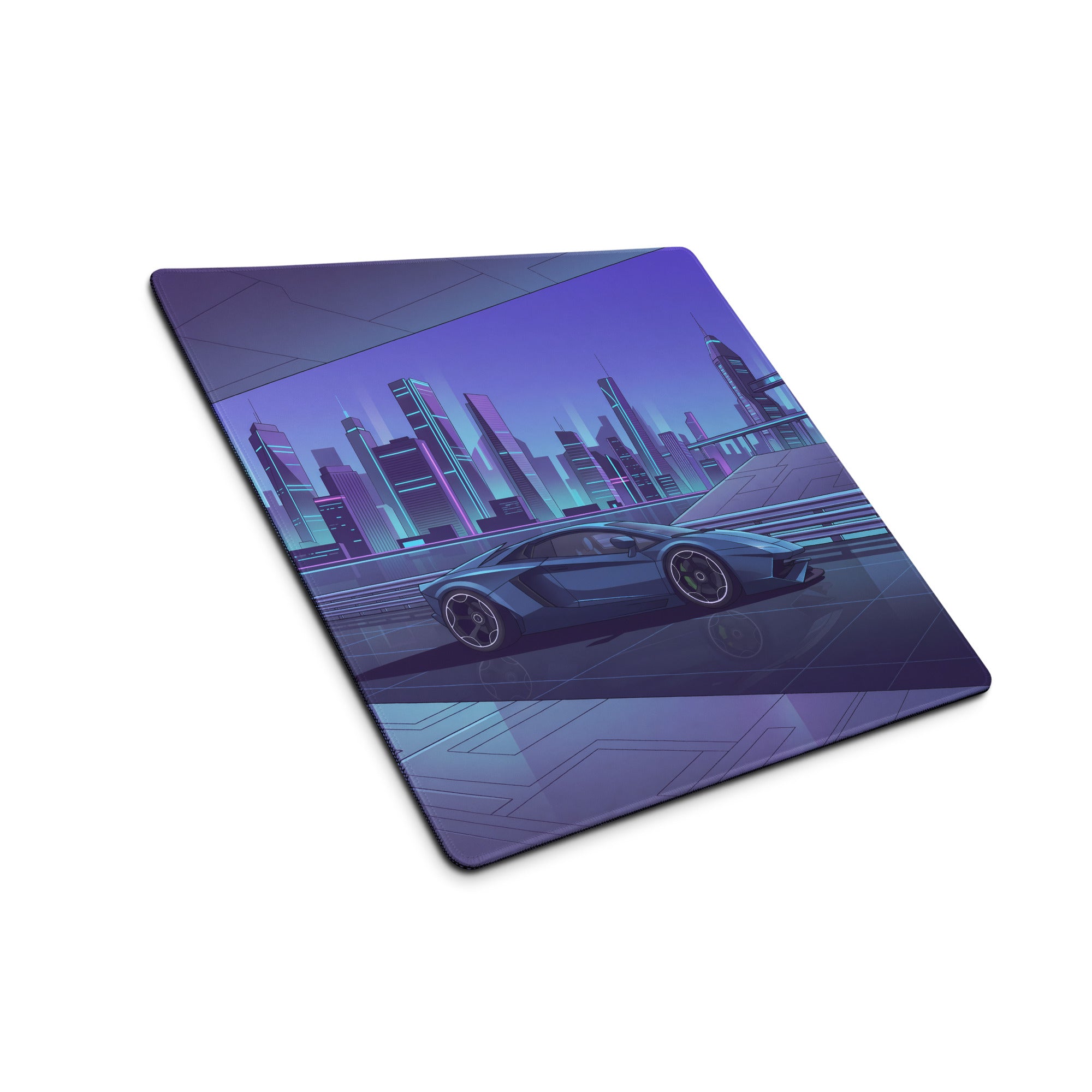 Lamborghini Aventador Inspired Gunmetal Purple Vaporwave Gaming Mouse Pad – Neon Futuristic City Desk Mat, Sleek Cyber Supercar Digital Art