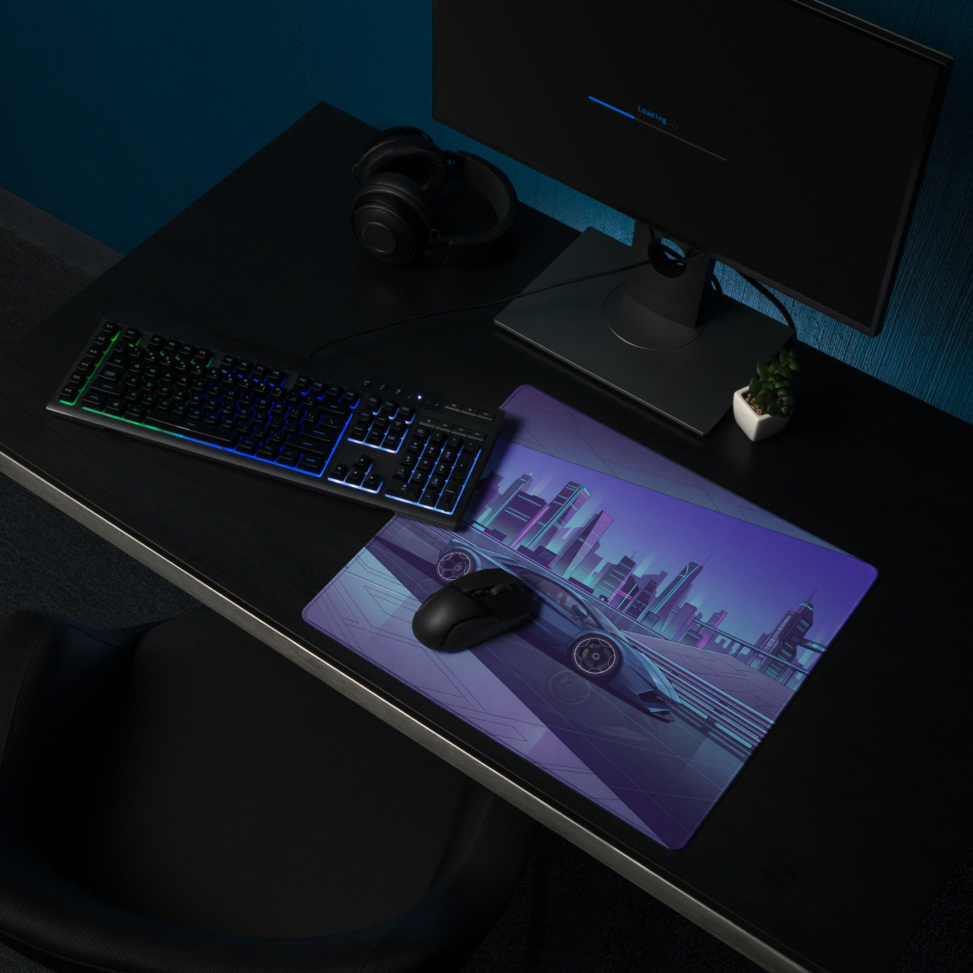 Lamborghini Aventador Inspired Gunmetal Purple Vaporwave Gaming Mouse Pad – Neon Futuristic City Desk Mat, Sleek Cyber Supercar Digital Art