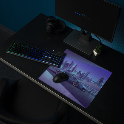 Lamborghini Aventador Inspired Gunmetal Purple Vaporwave Gaming Mouse Pad – Neon Futuristic City Desk Mat, Sleek Cyber Supercar Digital Art