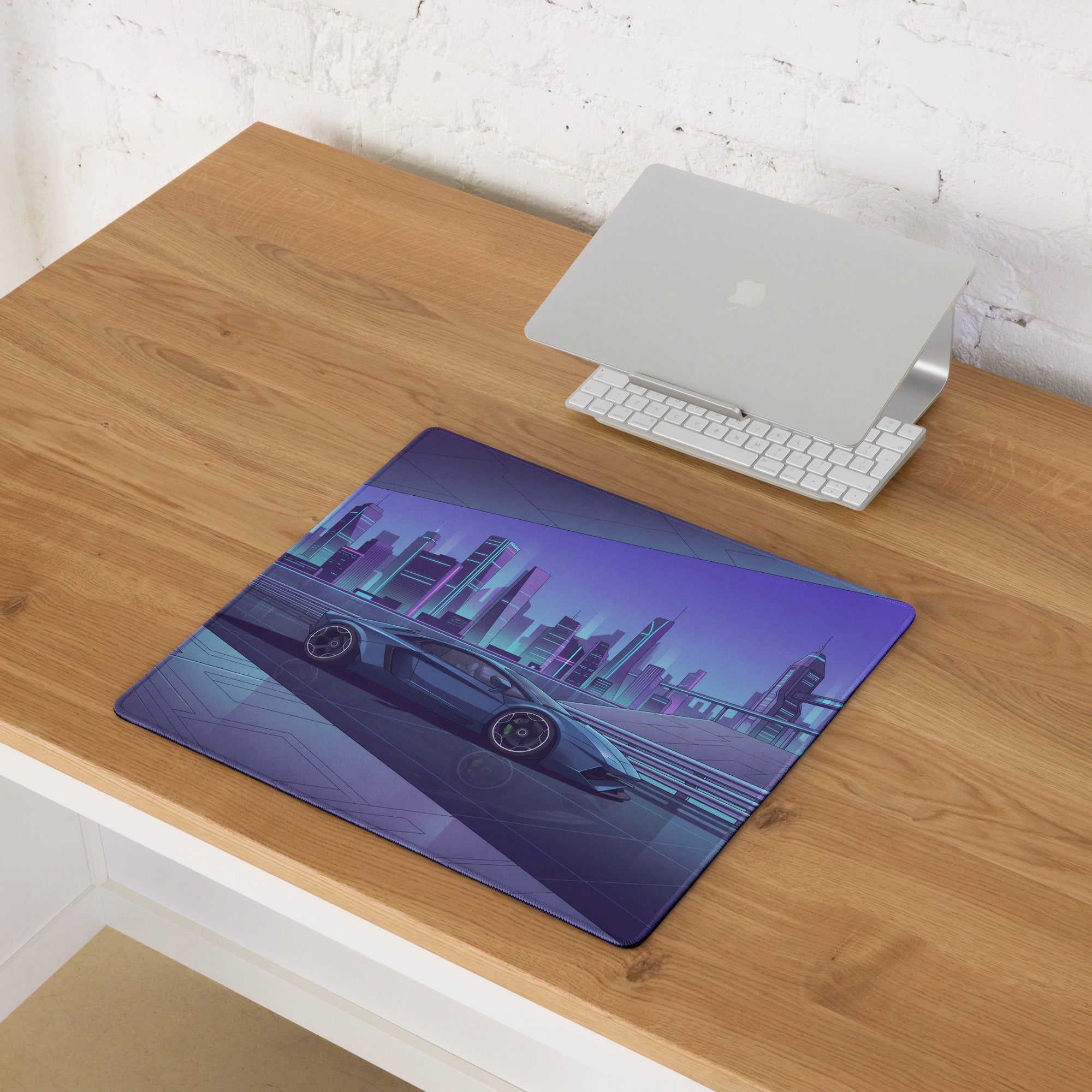 Lamborghini Aventador Inspired Gunmetal Purple Vaporwave Gaming Mouse Pad – Neon Futuristic City Desk Mat, Sleek Cyber Supercar Digital Art