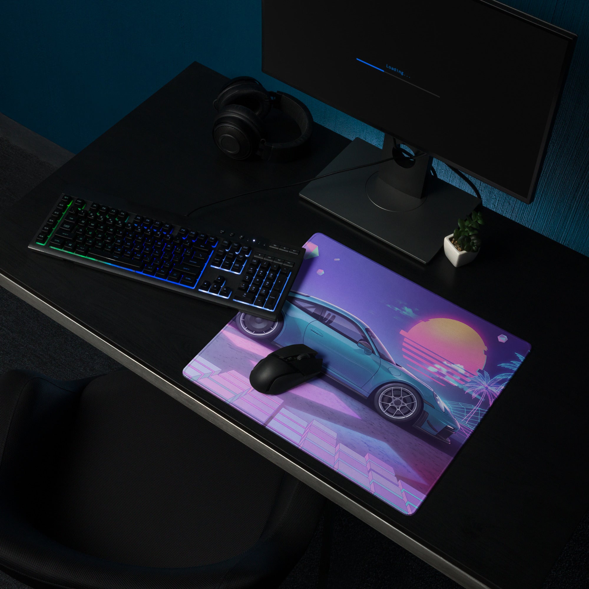 Porsche 911 GT3 RS Inspired Teal Purple Vaporwave Gaming Mouse Pad – Neon Sunset Grid Desk Mat, Retro Futuristic Synthwave Sports Car Art