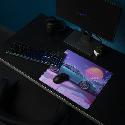 Porsche 911 GT3 RS Inspired Teal Purple Vaporwave Gaming Mouse Pad – Neon Sunset Grid Desk Mat, Retro Futuristic Synthwave Sports Car Art