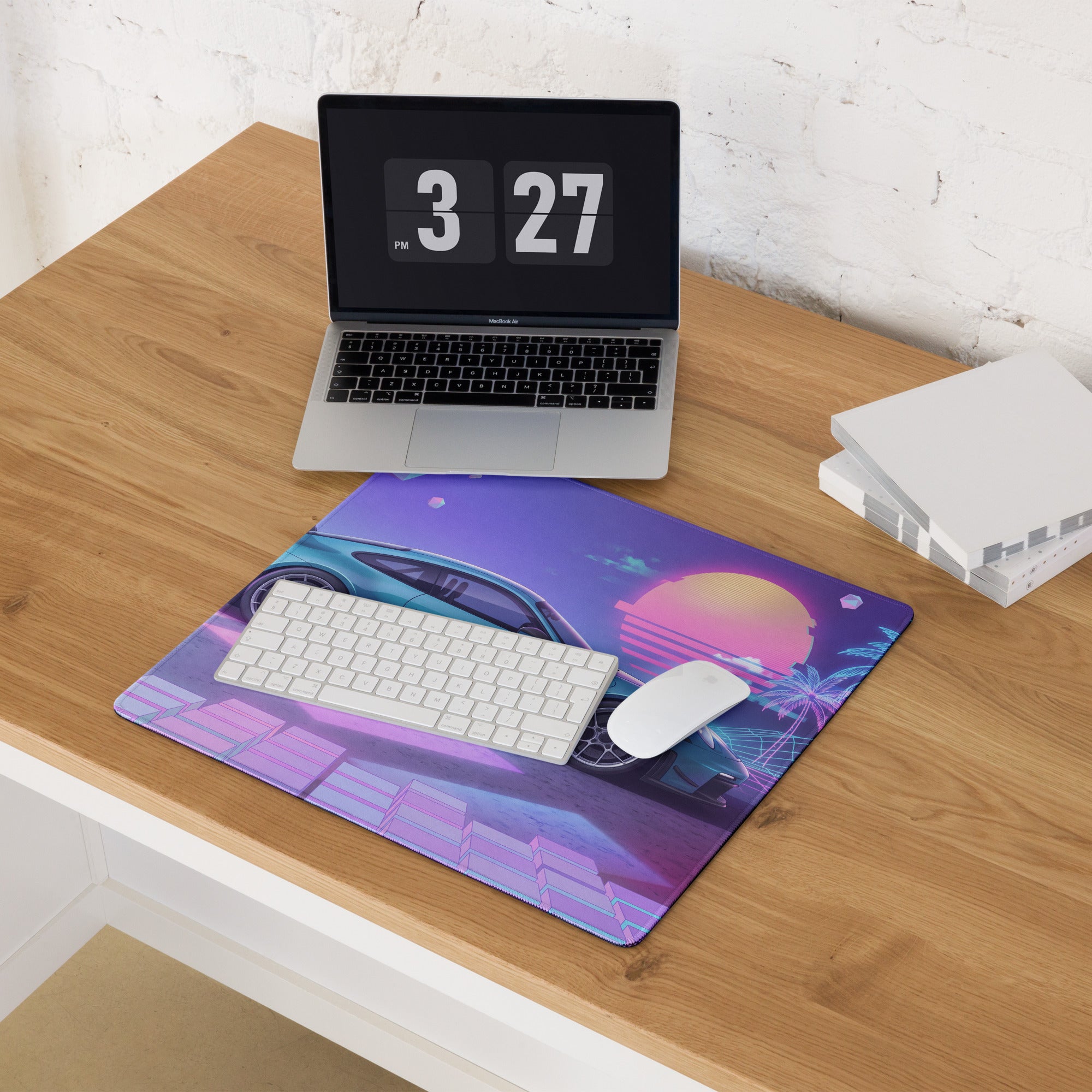 Porsche 911 GT3 RS Inspired Teal Purple Vaporwave Gaming Mouse Pad – Neon Sunset Grid Desk Mat, Retro Futuristic Synthwave Sports Car Art