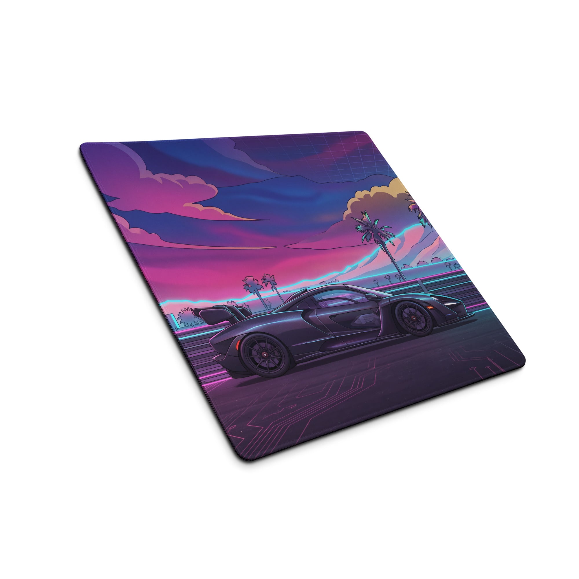 McLaren Senna Inspired Black Purple Vaporwave Gaming Mouse Pad – Neon Palm Highway Desk Mat, Retro Futuristic Cyber Racing Digital Car Art