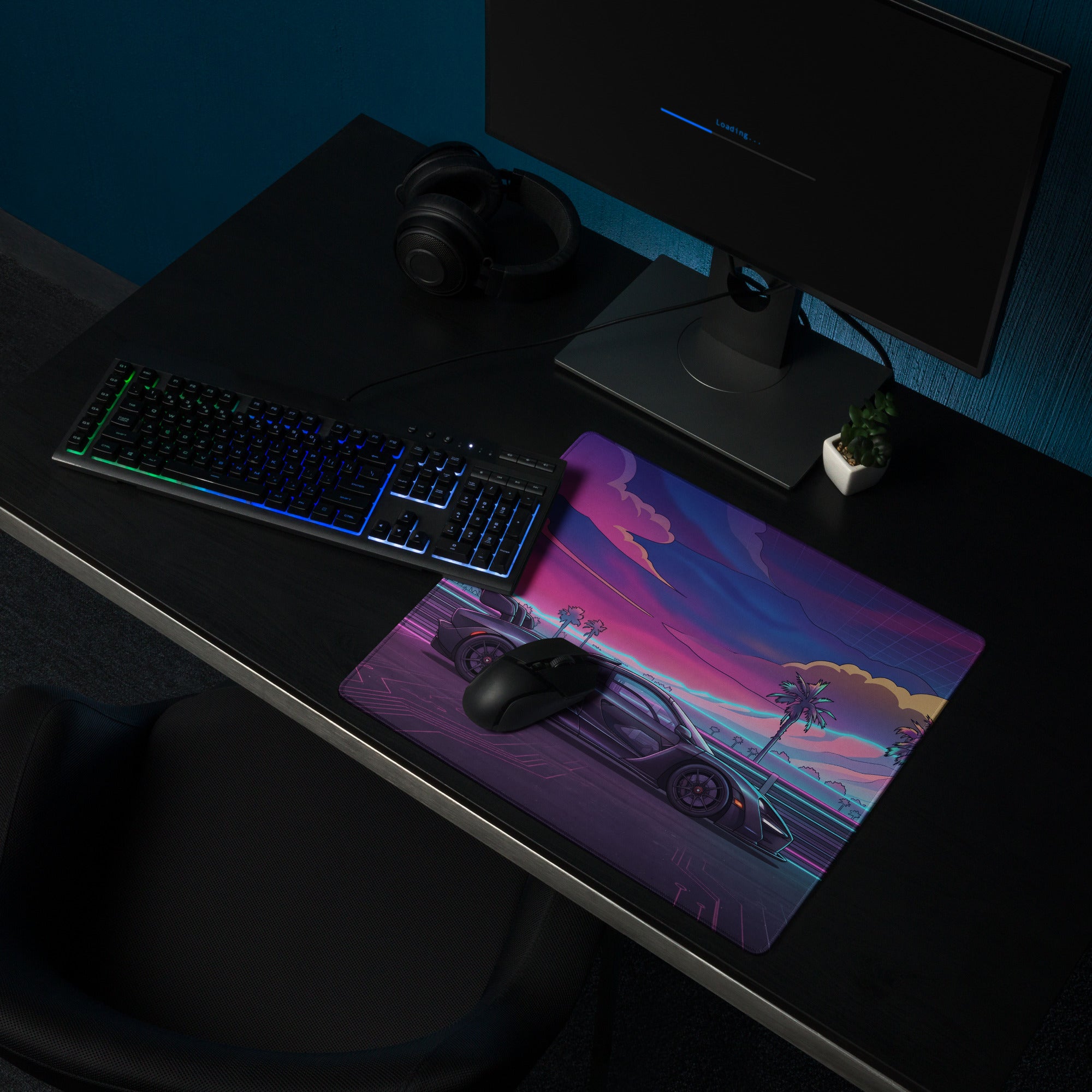 McLaren Senna Inspired Black Purple Vaporwave Gaming Mouse Pad – Neon Palm Highway Desk Mat, Retro Futuristic Cyber Racing Digital Car Art