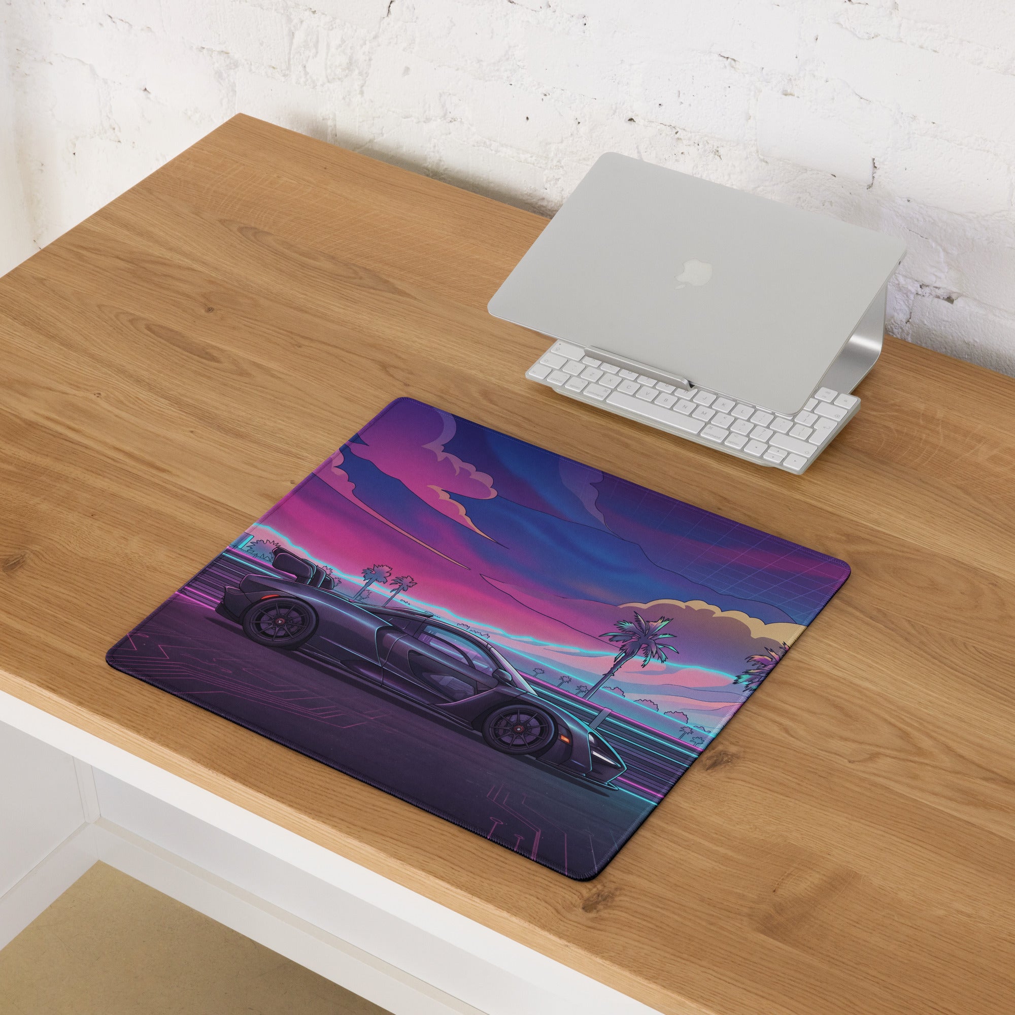 McLaren Senna Inspired Black Purple Vaporwave Gaming Mouse Pad – Neon Palm Highway Desk Mat, Retro Futuristic Cyber Racing Digital Car Art