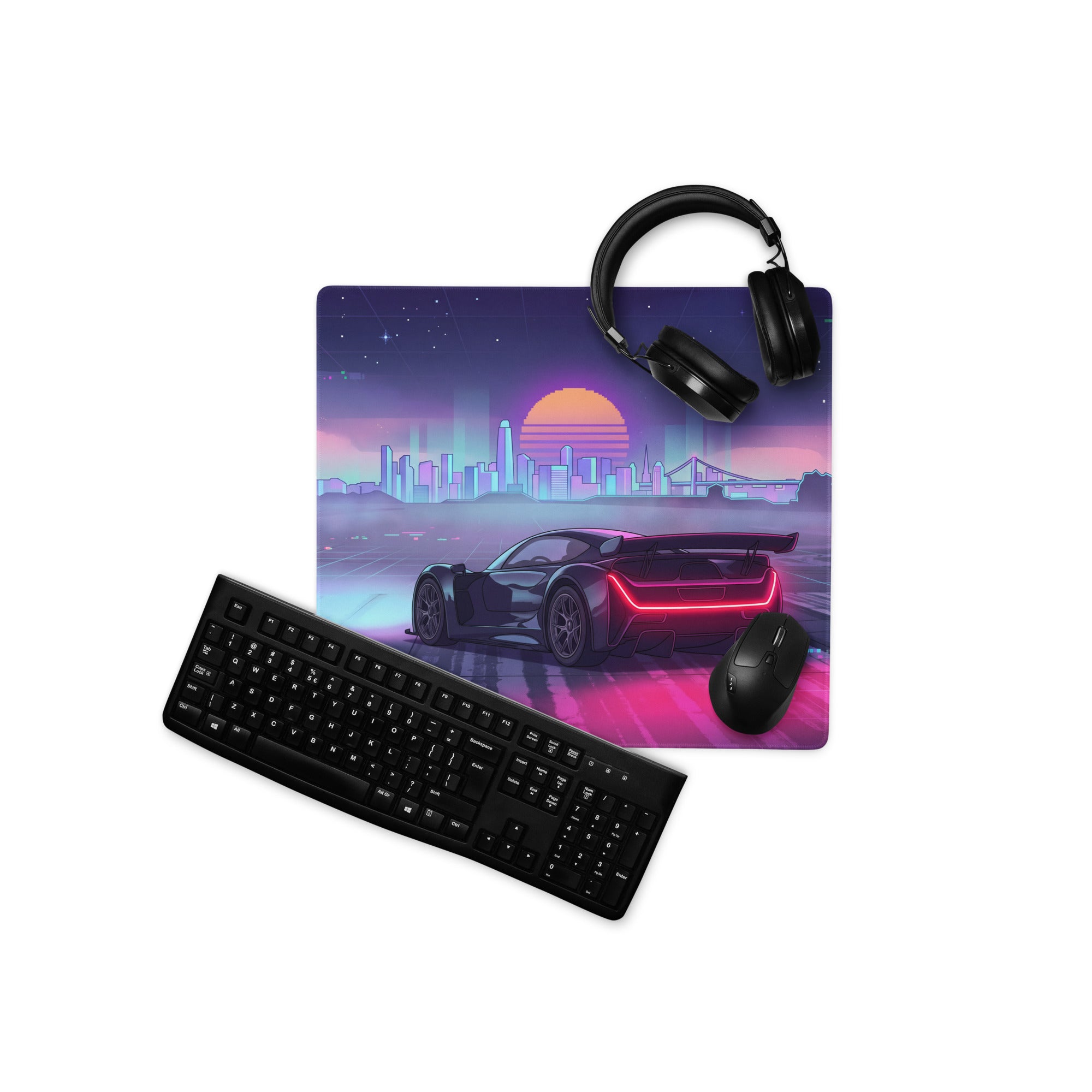 Czinger 21C Inspired Black Pink Vaporwave Gaming Mouse Pad – Neon City Sunset Desk Mat, Retro Futuristic Cyber Racing Digital Hypercar Art