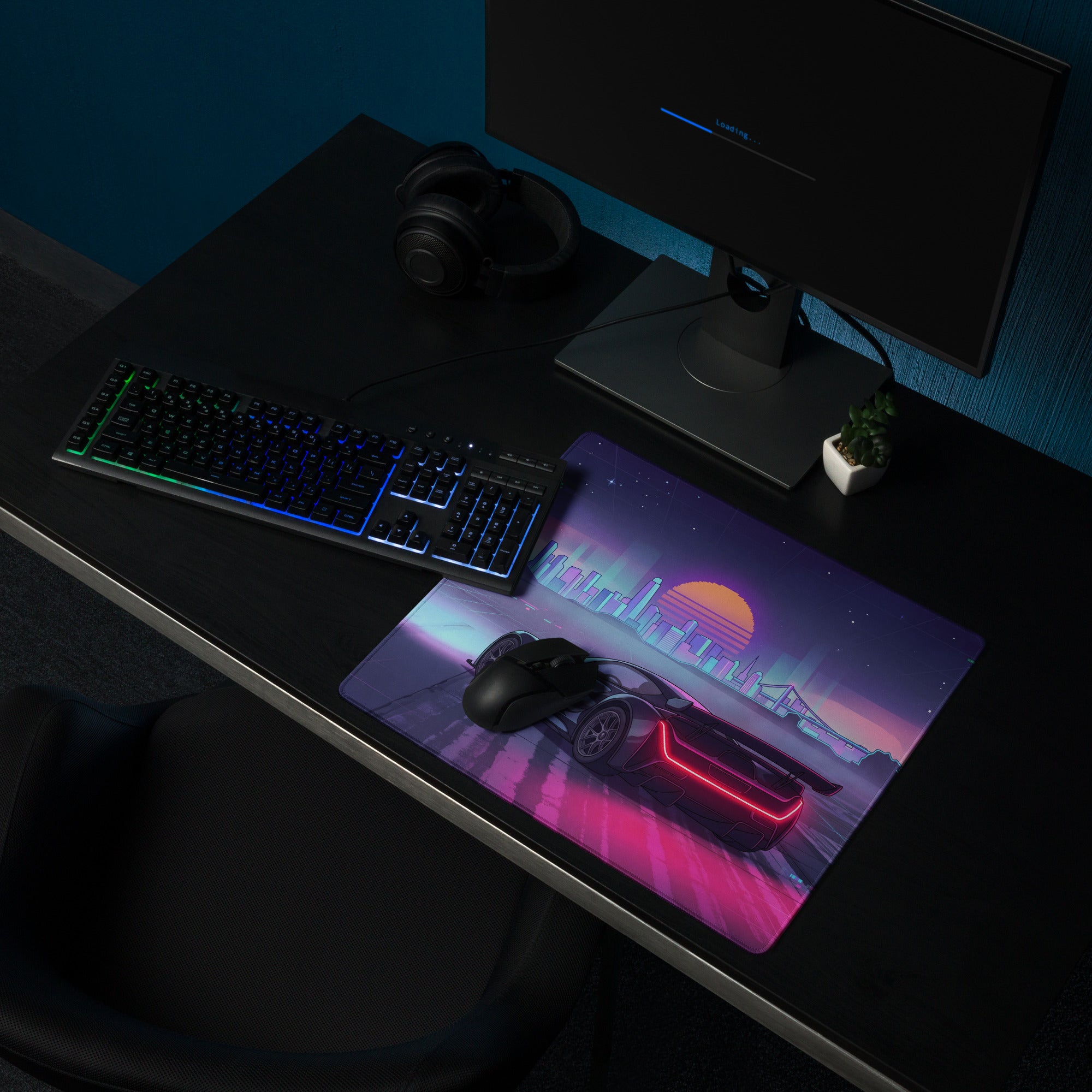 Czinger 21C Inspired Black Pink Vaporwave Gaming Mouse Pad – Neon City Sunset Desk Mat, Retro Futuristic Cyber Racing Digital Hypercar Art