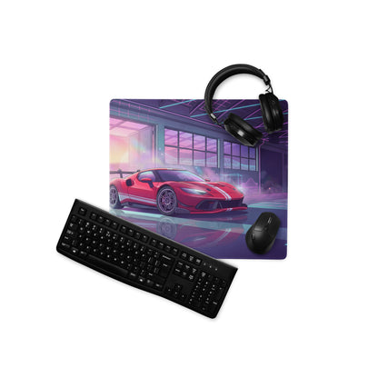 Ferrari 296 GTB GT3 Inspired Red Pink Vaporwave Gaming Mouse Pad – Neon Retro Garage Desk Mat, Futuristic Synthwave Race Car Digital Artwork