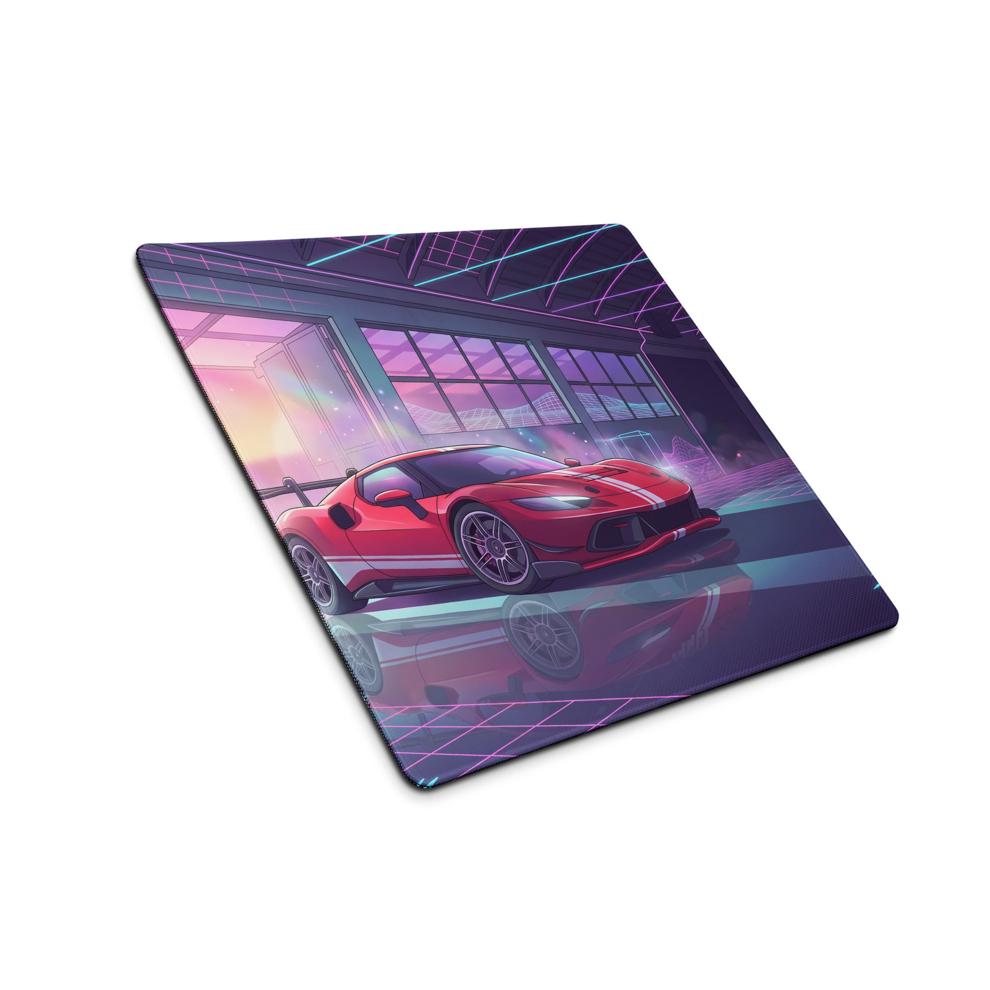 Ferrari 296 GTB GT3 Inspired Red Pink Vaporwave Gaming Mouse Pad – Neon Retro Garage Desk Mat, Futuristic Synthwave Race Car Digital Artwork
