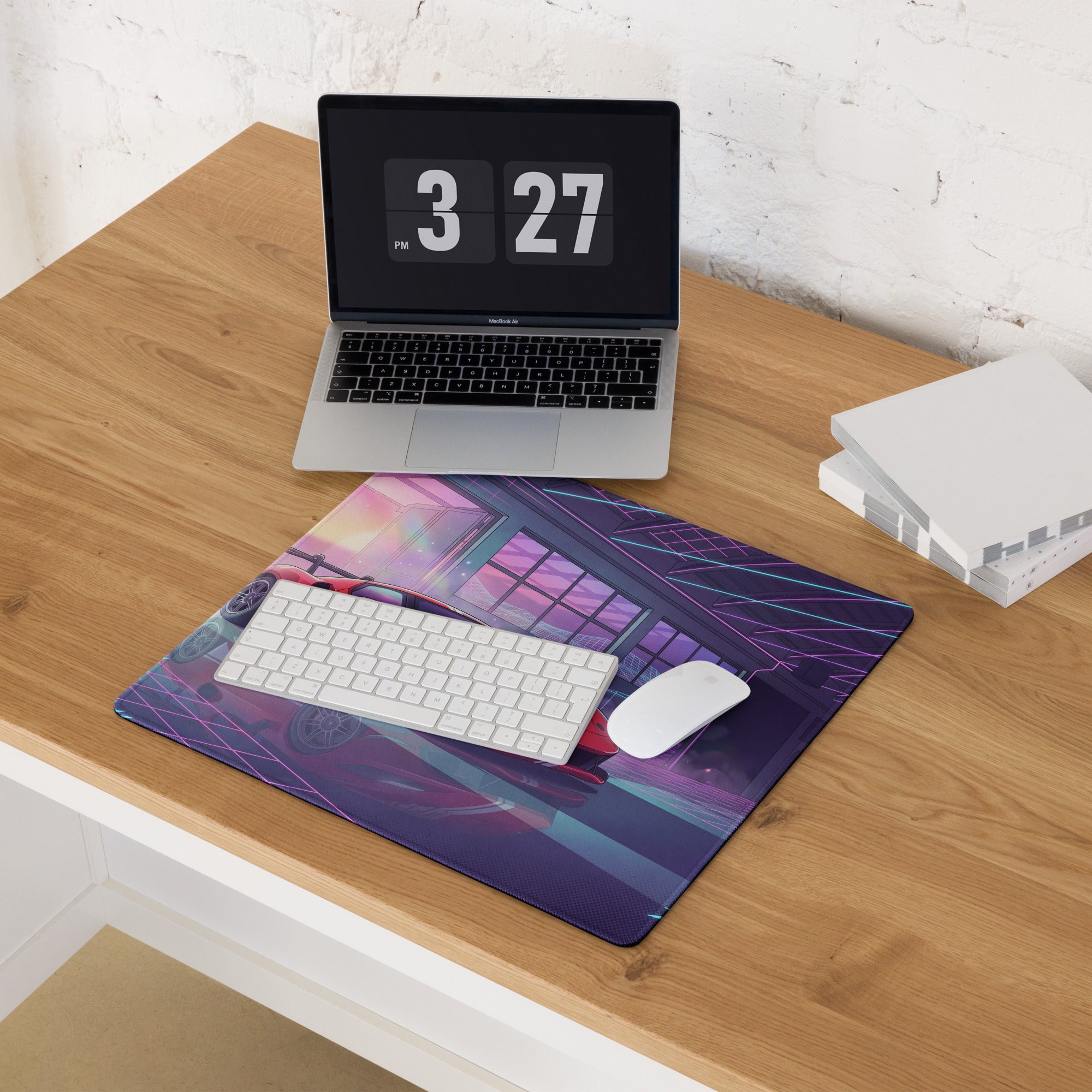 Ferrari 296 GTB GT3 Inspired Red Pink Vaporwave Gaming Mouse Pad – Neon Retro Garage Desk Mat, Futuristic Synthwave Race Car Digital Artwork