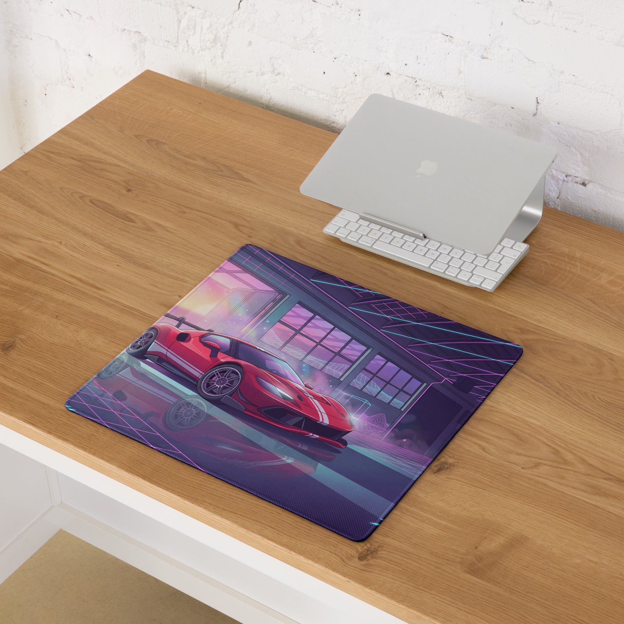 Ferrari 296 GTB GT3 Inspired Red Pink Vaporwave Gaming Mouse Pad – Neon Retro Garage Desk Mat, Futuristic Synthwave Race Car Digital Artwork