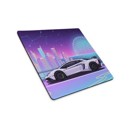 Lamborghini Aventador SVJ Inspired White Purple Vaporwave Gaming Mouse Pad – Neon Futuristic City Desk Mat, Retro Synthwave Supercar Digital Art