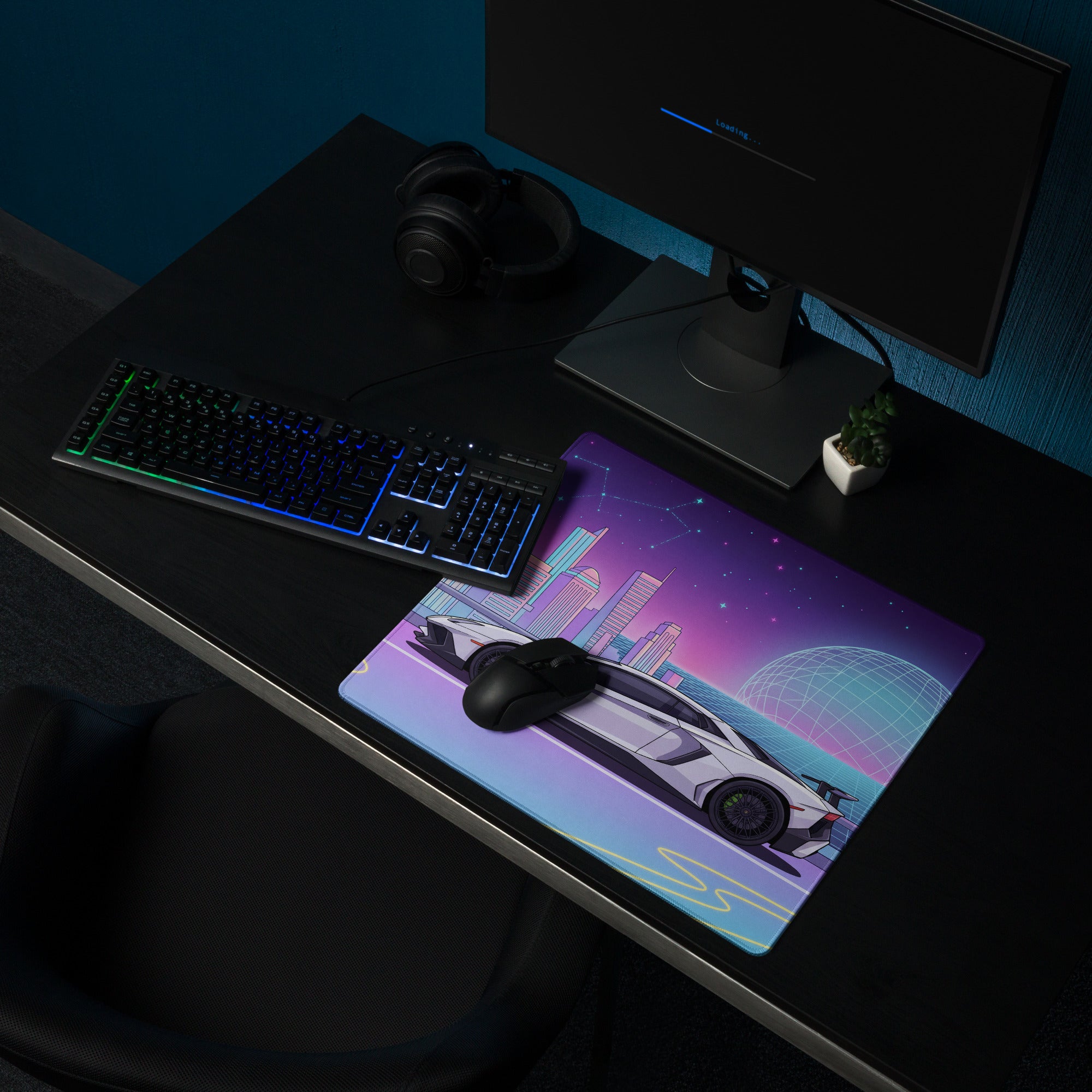 Lamborghini Aventador SVJ Inspired White Purple Vaporwave Gaming Mouse Pad – Neon Futuristic City Desk Mat, Retro Synthwave Supercar Digital Art