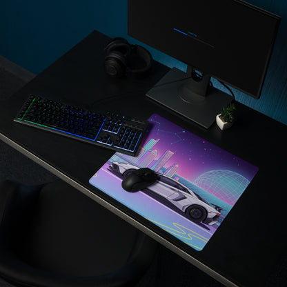 Lamborghini Aventador SVJ Inspired White Purple Vaporwave Gaming Mouse Pad – Neon Futuristic City Desk Mat, Retro Synthwave Supercar Digital Art