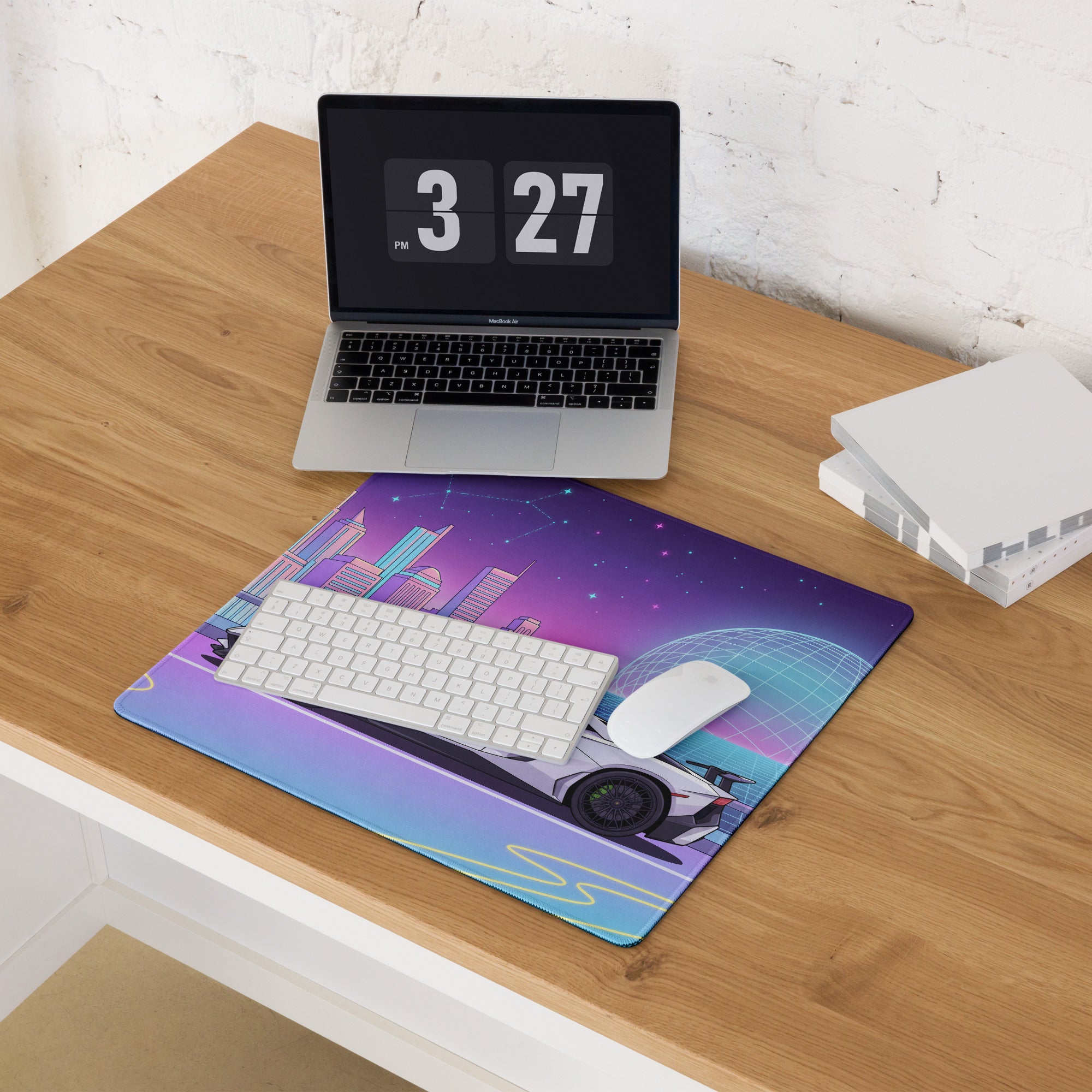Lamborghini Aventador SVJ Inspired White Purple Vaporwave Gaming Mouse Pad – Neon Futuristic City Desk Mat, Retro Synthwave Supercar Digital Art