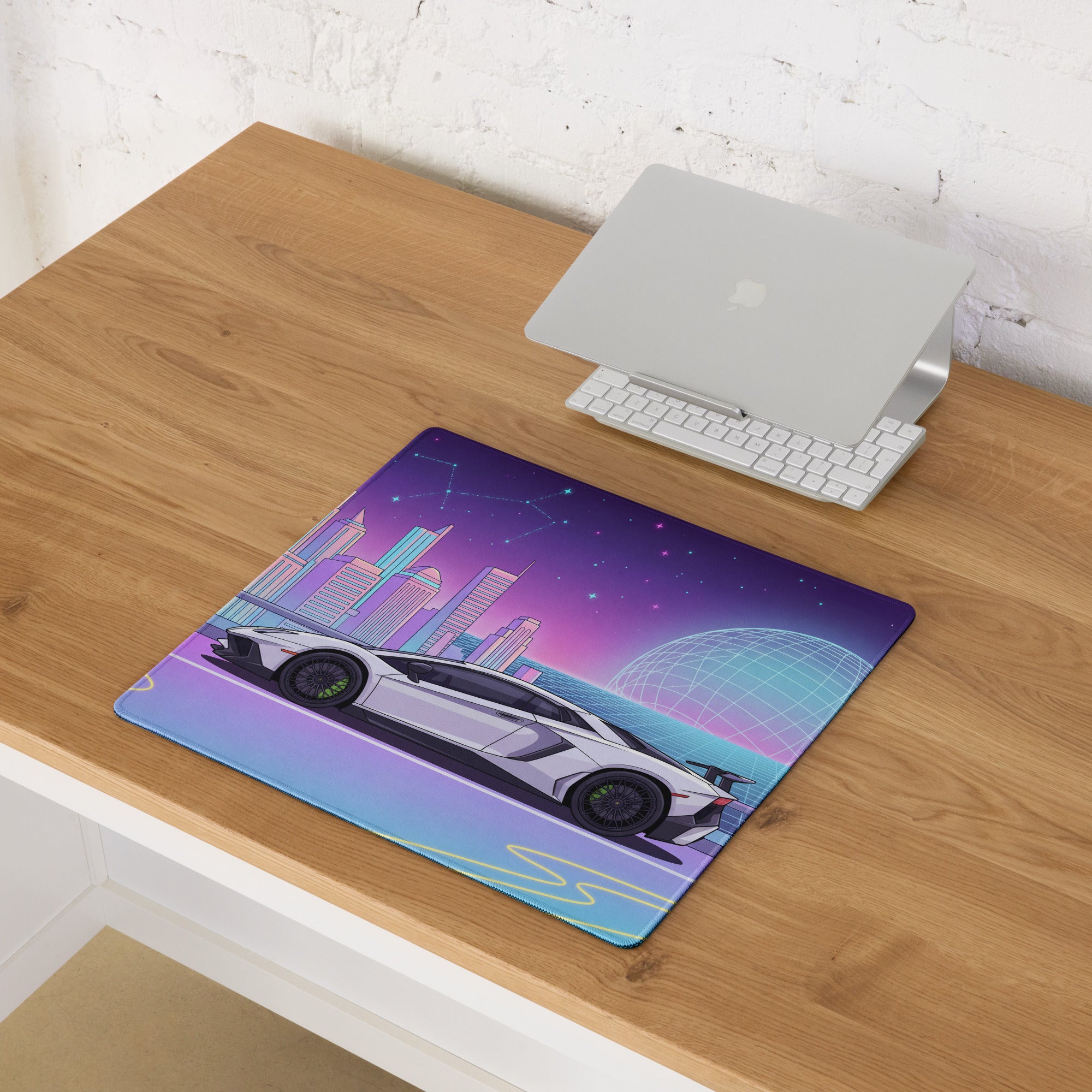 Lamborghini Aventador SVJ Inspired White Purple Vaporwave Gaming Mouse Pad – Neon Futuristic City Desk Mat, Retro Synthwave Supercar Digital Art