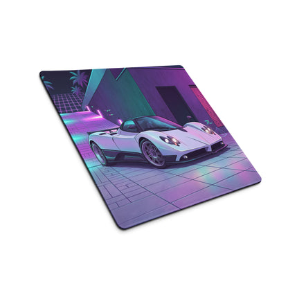 Pagani Zonda Inspired White Purple Vaporwave Gaming Mouse Pad – Neon Cyber Garage Desk Mat, Retro Futuristic Italian Supercar Digital Art