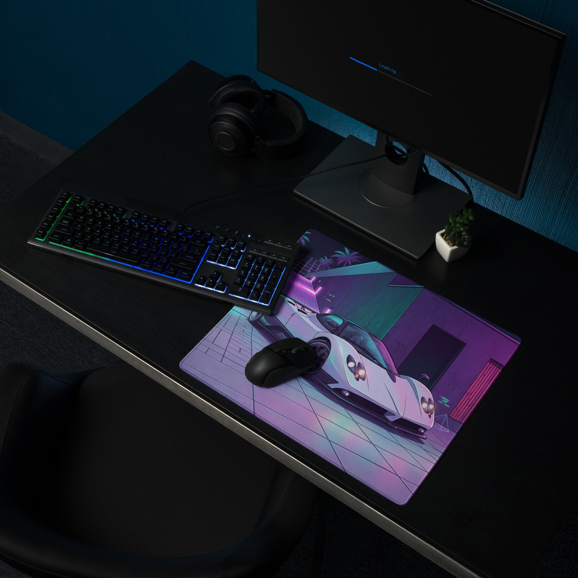 Pagani Zonda Inspired White Purple Vaporwave Gaming Mouse Pad – Neon Cyber Garage Desk Mat, Retro Futuristic Italian Supercar Digital Art