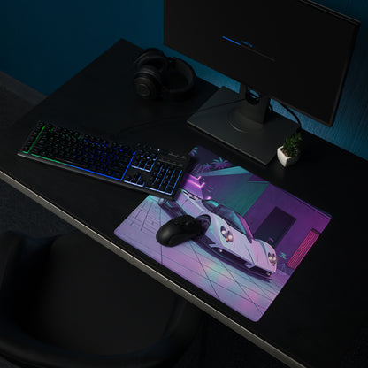 Pagani Zonda Inspired White Purple Vaporwave Gaming Mouse Pad – Neon Cyber Garage Desk Mat, Retro Futuristic Italian Supercar Digital Art