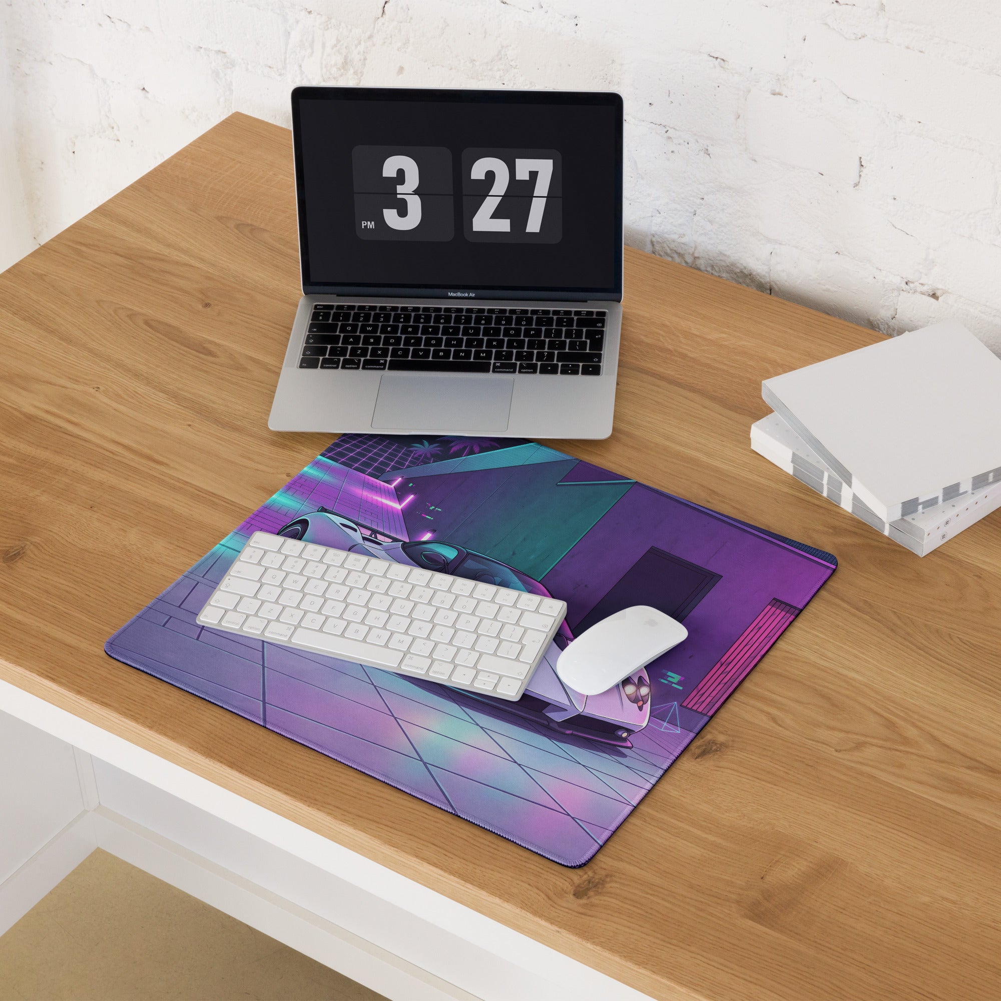 Pagani Zonda Inspired White Purple Vaporwave Gaming Mouse Pad – Neon Cyber Garage Desk Mat, Retro Futuristic Italian Supercar Digital Art