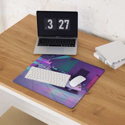 Pagani Zonda Inspired White Purple Vaporwave Gaming Mouse Pad – Neon Cyber Garage Desk Mat, Retro Futuristic Italian Supercar Digital Art