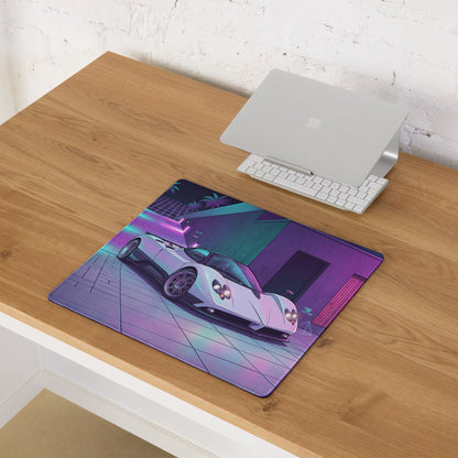 Pagani Zonda Inspired White Purple Vaporwave Gaming Mouse Pad – Neon Cyber Garage Desk Mat, Retro Futuristic Italian Supercar Digital Art