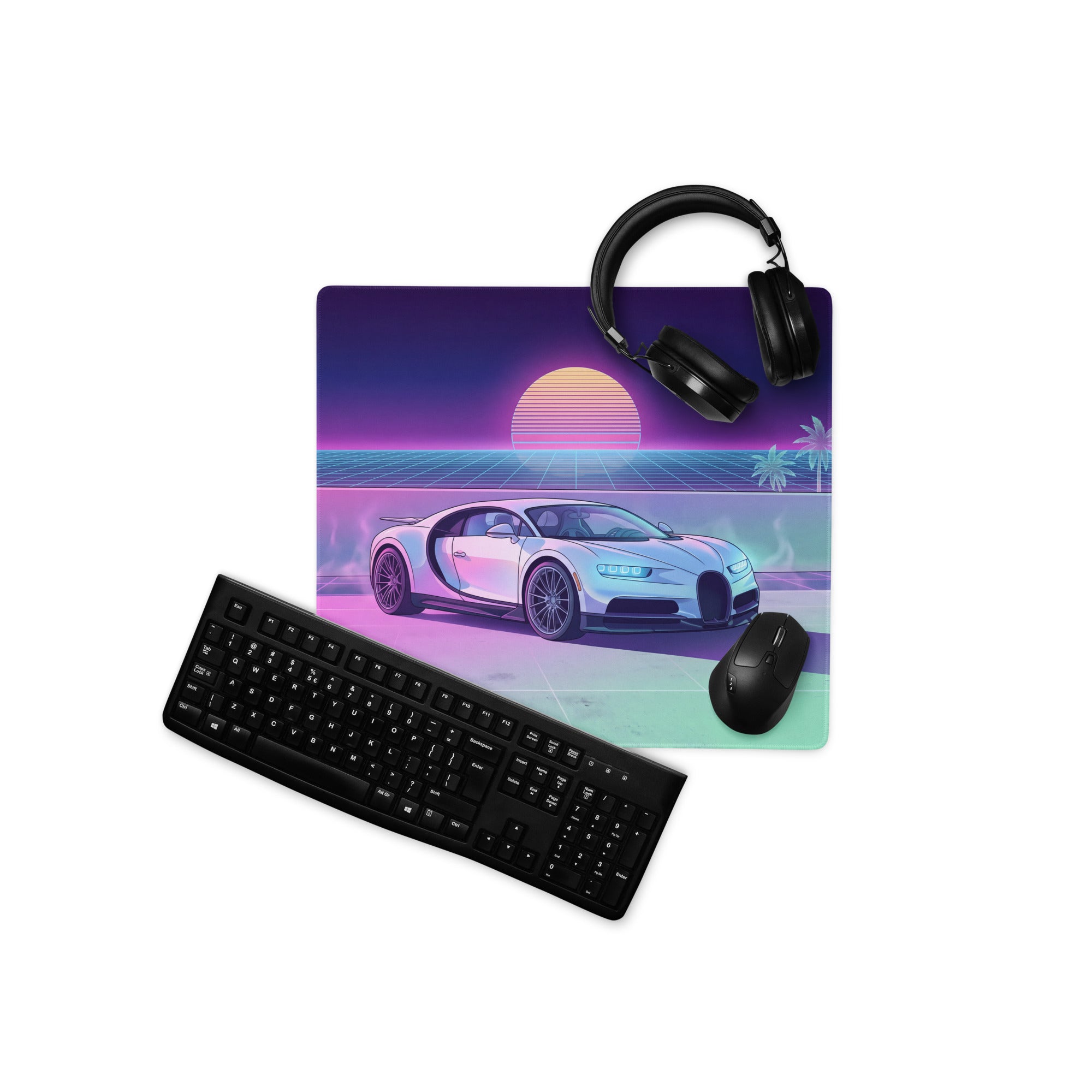 Bugatti Chiron Inspired White Pink Vaporwave Gaming Mouse Pad – Neon Sunset Grid Desk Mat, Retro Futuristic Luxury Hypercar Digital Artwork